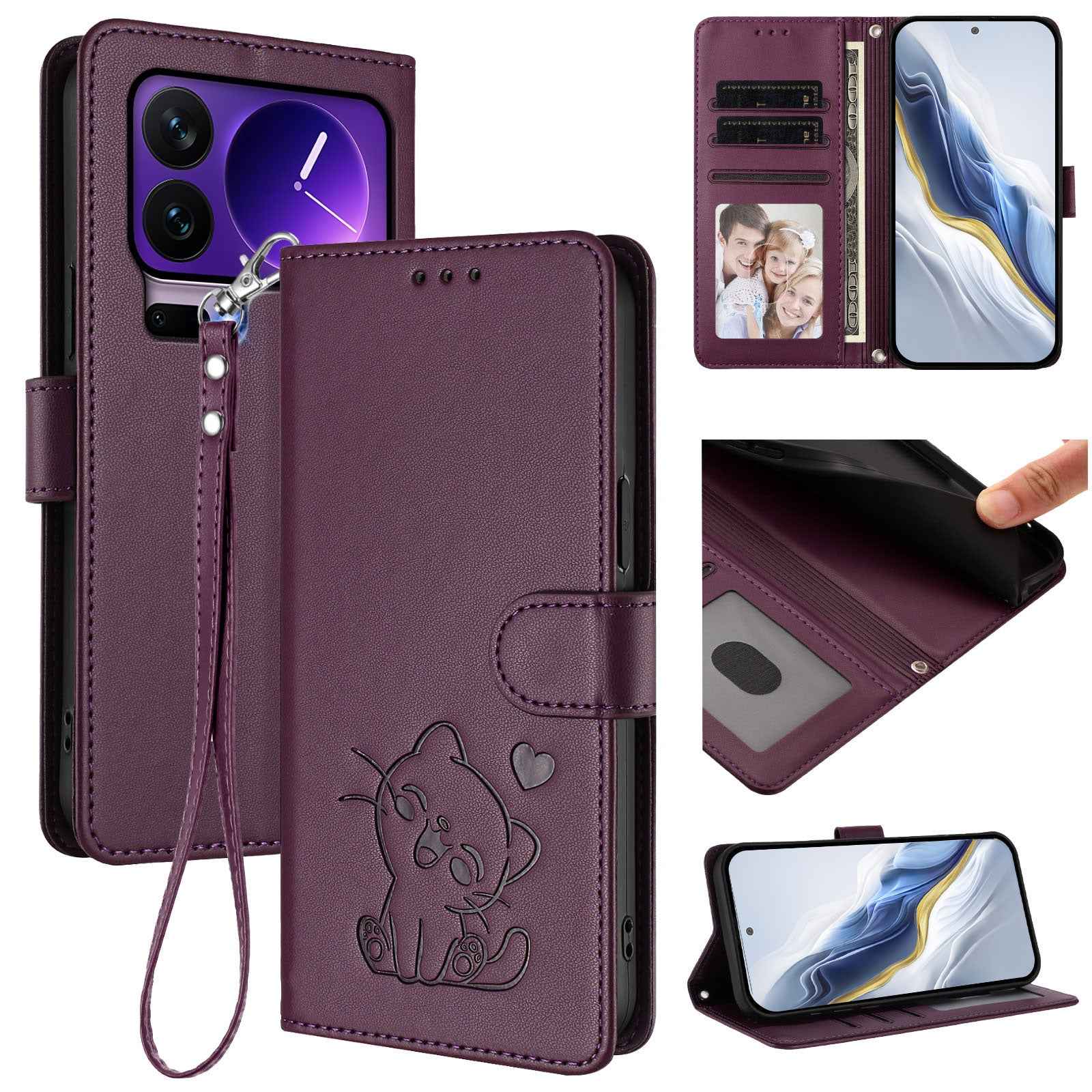 For Xiaomi 17 Pro Wallet Case with Wrist Strap Love Cat Pattern Imprint Leather Phone Cover - Purple