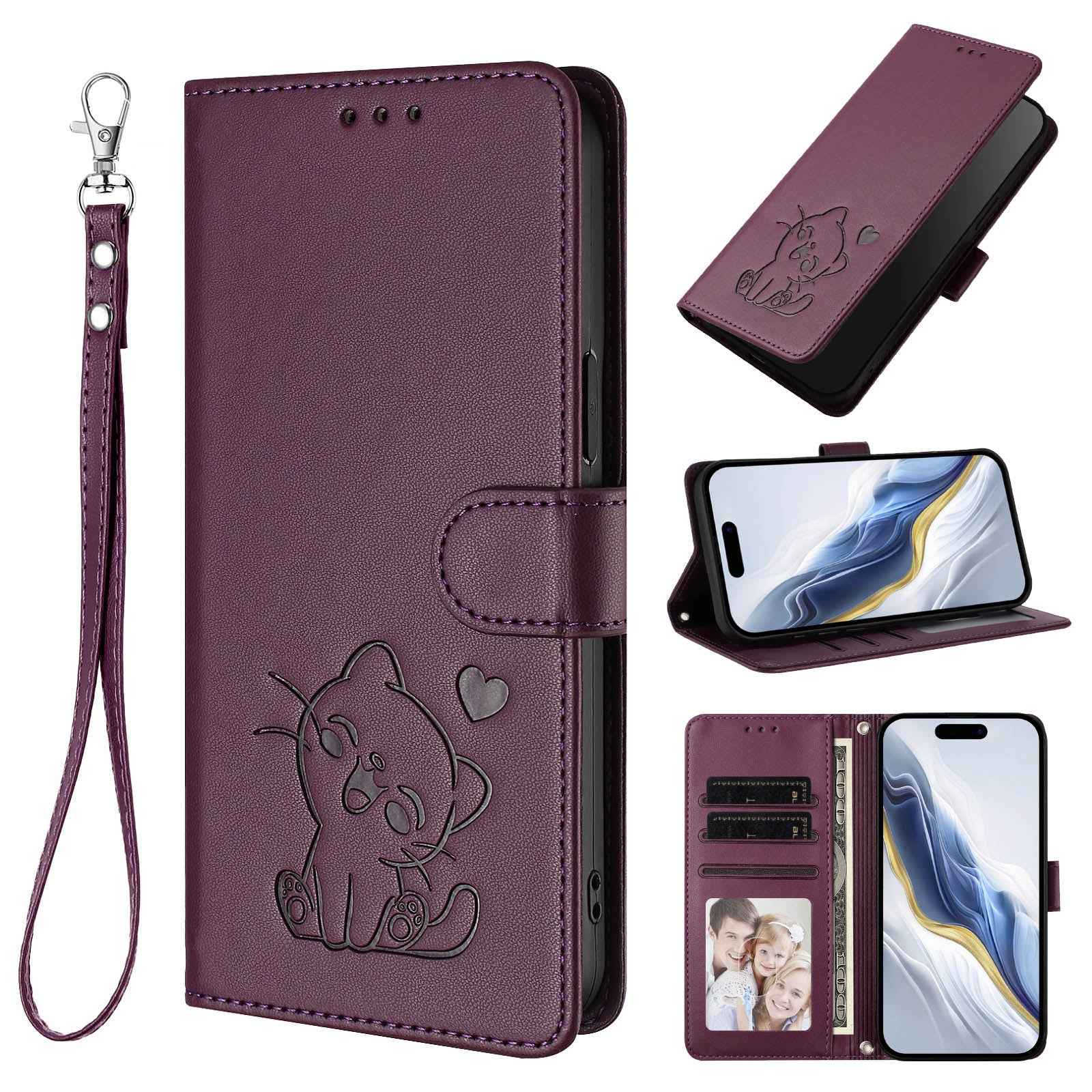 For Xiaomi 17 Pro Wallet Case with Wrist Strap Love Cat Pattern Imprint Leather Phone Cover - Purple