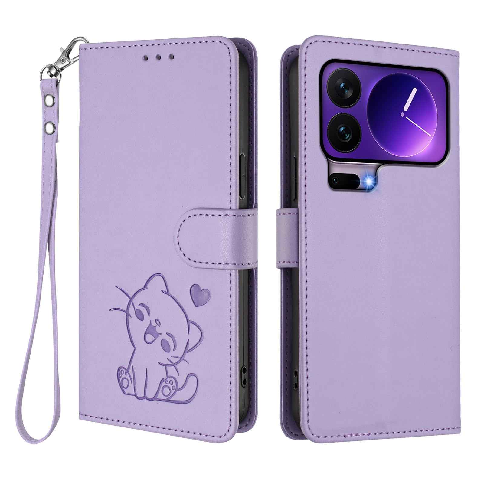 For Xiaomi 17 Pro Wallet Case with Wrist Strap Love Cat Pattern Imprint Leather Phone Cover - Light Purple