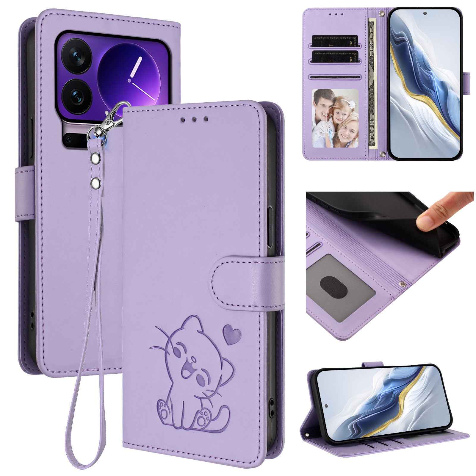 For Xiaomi 17 Pro Wallet Case with Wrist Strap Love Cat Pattern Imprint Leather Phone Cover - Light Purple