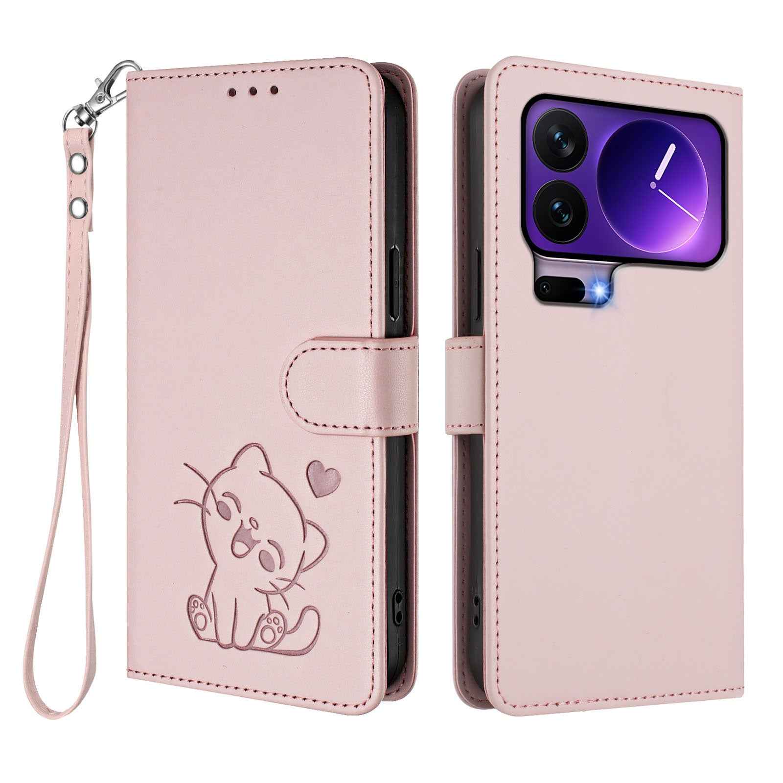 For Xiaomi 17 Pro Wallet Case with Wrist Strap Love Cat Pattern Imprint Leather Phone Cover - Pink