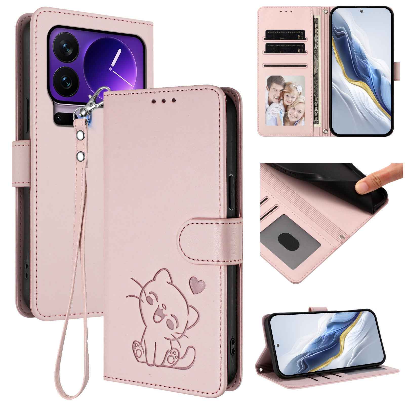 For Xiaomi 17 Pro Wallet Case with Wrist Strap Love Cat Pattern Imprint Leather Phone Cover - Pink