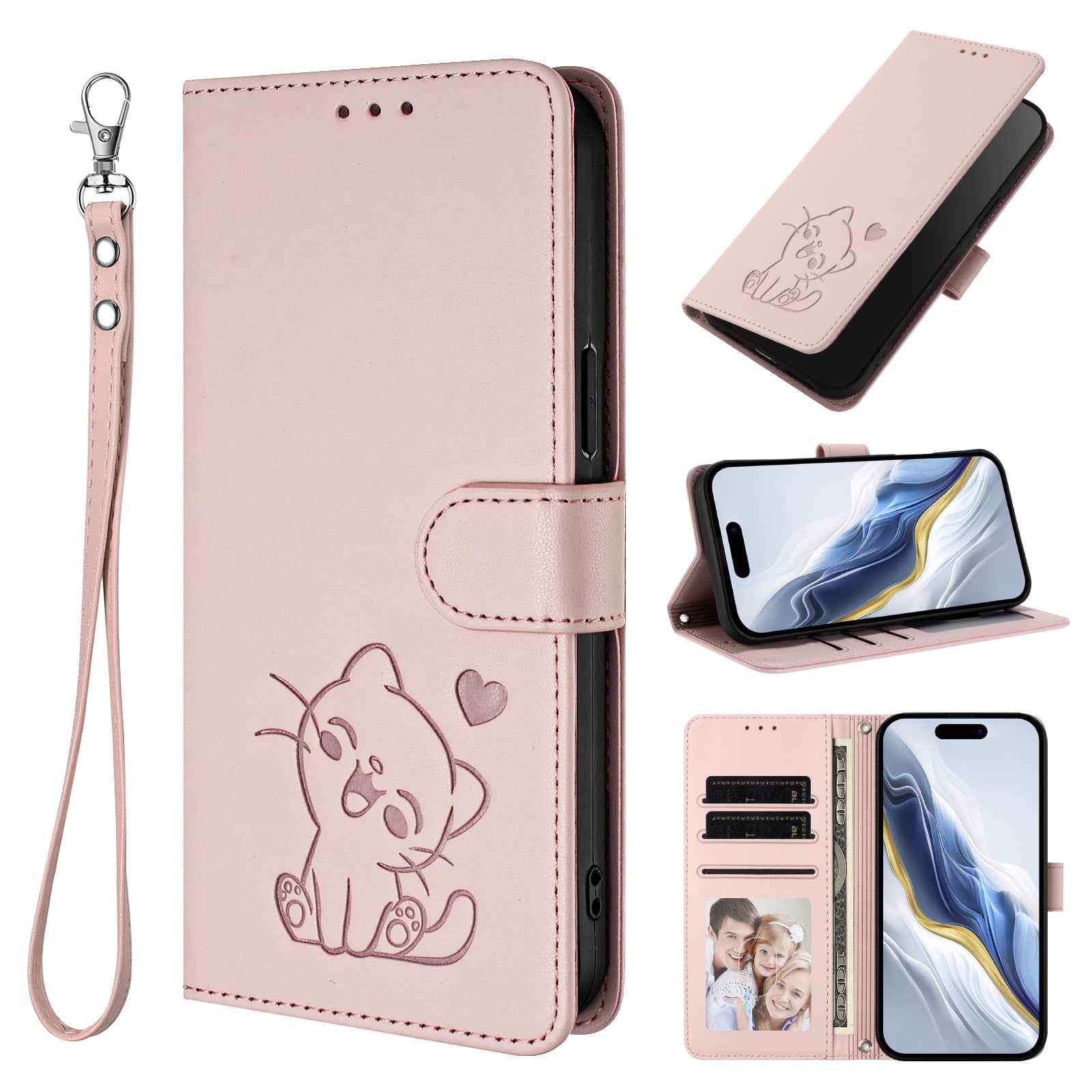 For Xiaomi 17 Pro Wallet Case with Wrist Strap Love Cat Pattern Imprint Leather Phone Cover - Pink