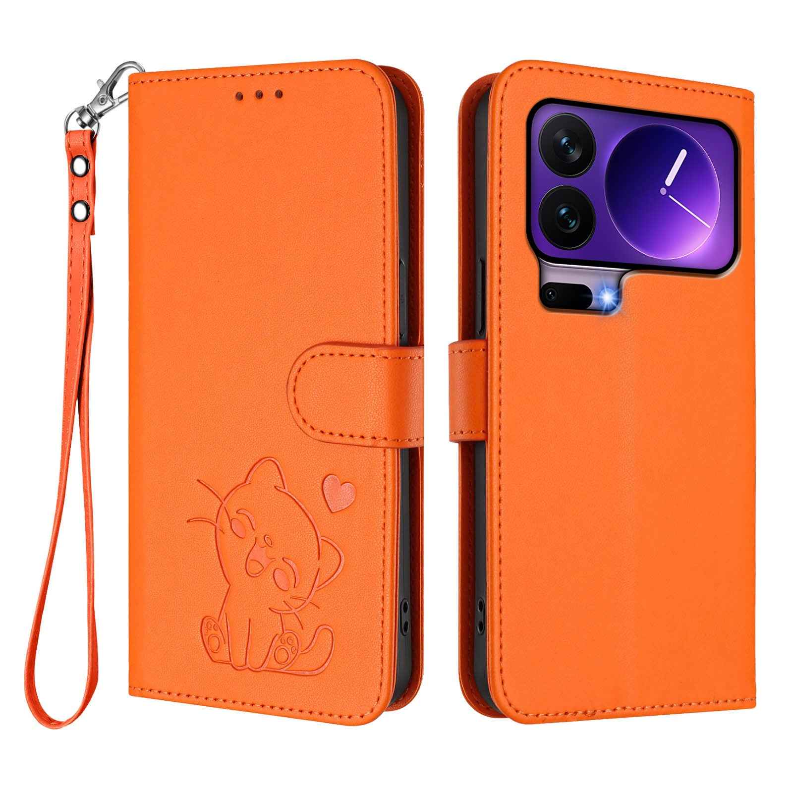 For Xiaomi 17 Pro Wallet Case with Wrist Strap Love Cat Pattern Imprint Leather Phone Cover - Orange