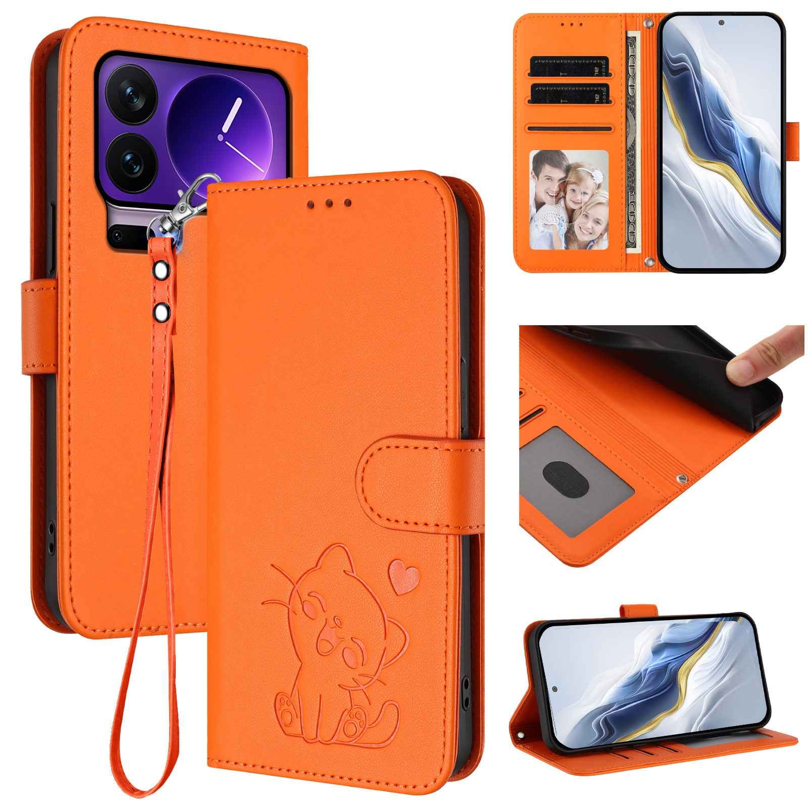 For Xiaomi 17 Pro Wallet Case with Wrist Strap Love Cat Pattern Imprint Leather Phone Cover - Orange