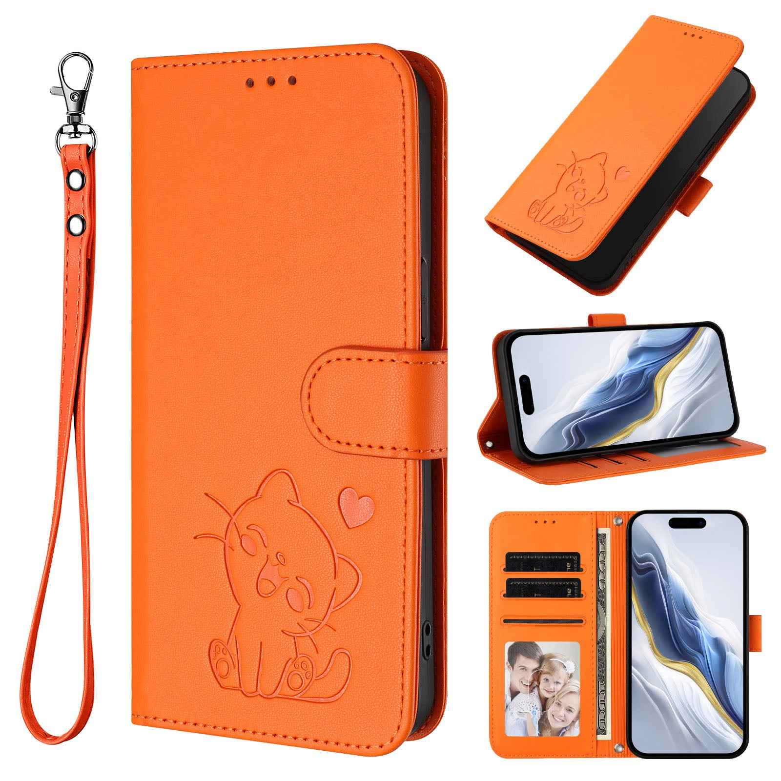For Xiaomi 17 Pro Wallet Case with Wrist Strap Love Cat Pattern Imprint Leather Phone Cover - Orange