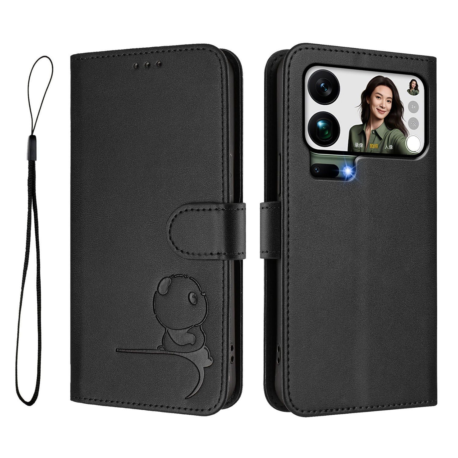 For Xiaomi 17 Pro Max Case Panda Imprint RFID Blocking Wallet Leather Phone Cover with Wrist Strap - Black