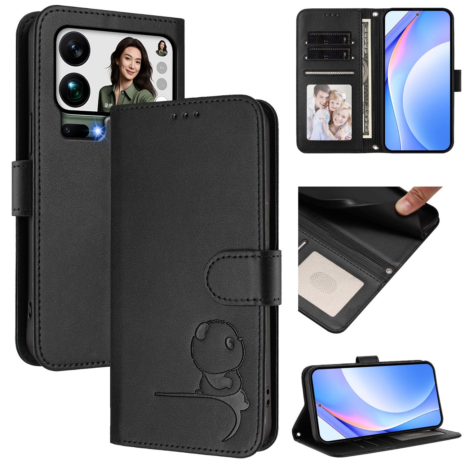 For Xiaomi 17 Pro Max Case Panda Imprint RFID Blocking Wallet Leather Phone Cover with Wrist Strap - Black