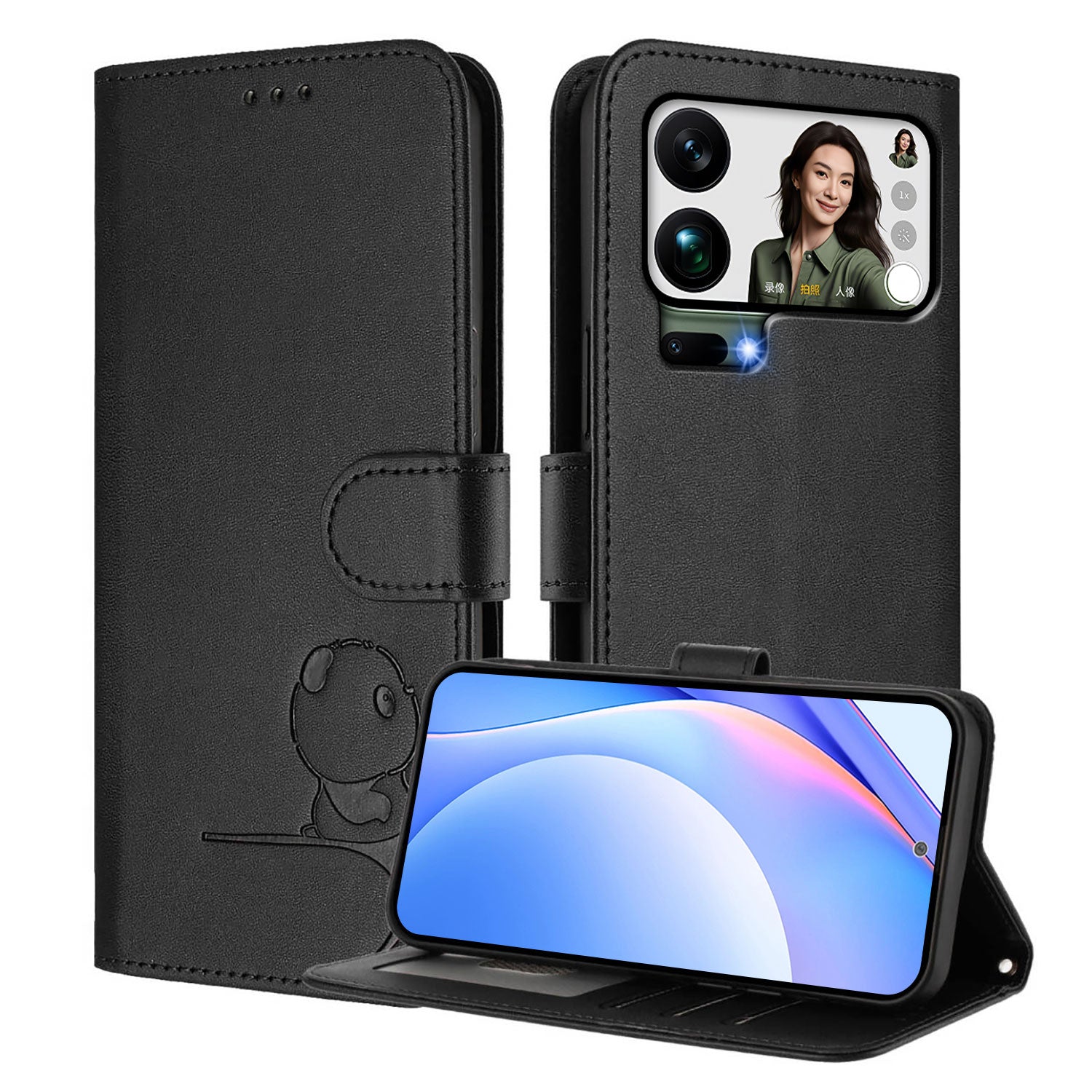 For Xiaomi 17 Pro Max Case Panda Imprint RFID Blocking Wallet Leather Phone Cover with Wrist Strap - Black
