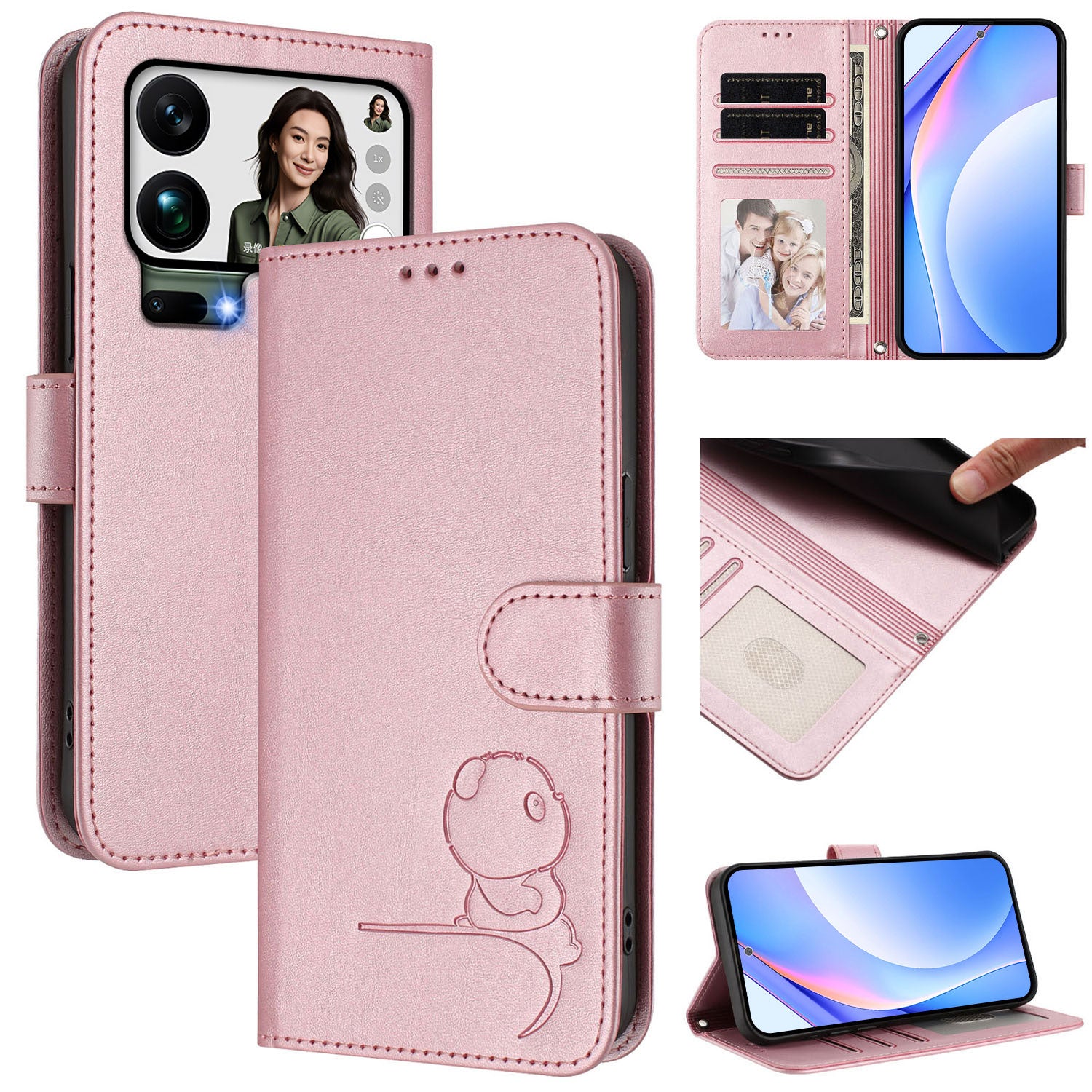 For Xiaomi 17 Pro Max Case Panda Imprint RFID Blocking Wallet Leather Phone Cover with Wrist Strap - Pink