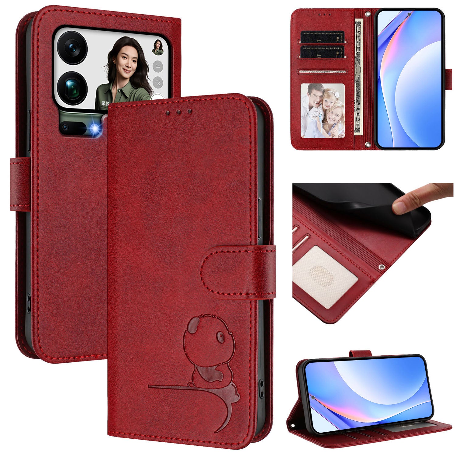 For Xiaomi 17 Pro Max Case Panda Imprint RFID Blocking Wallet Leather Phone Cover with Wrist Strap - Wine Red