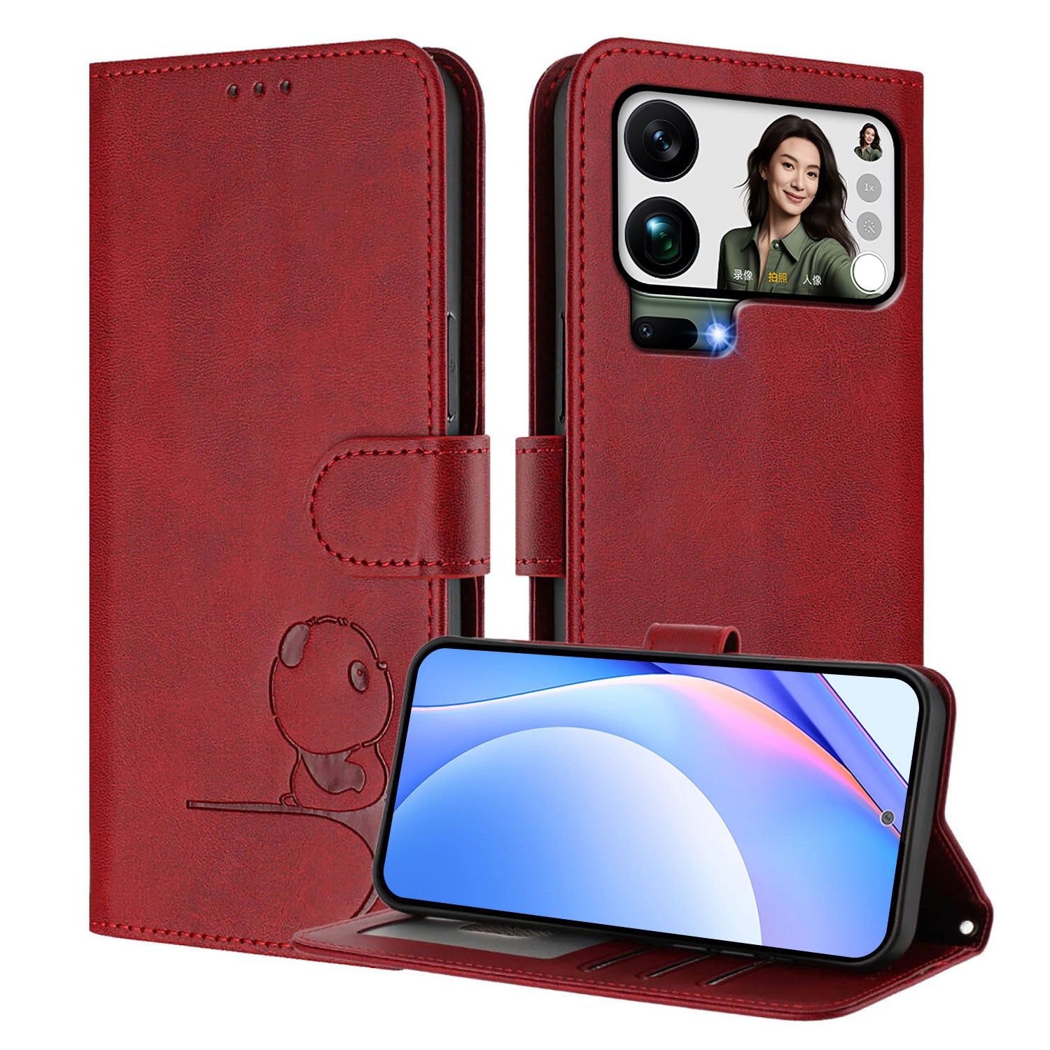 For Xiaomi 17 Pro Max Case Panda Imprint RFID Blocking Wallet Leather Phone Cover with Wrist Strap - Wine Red