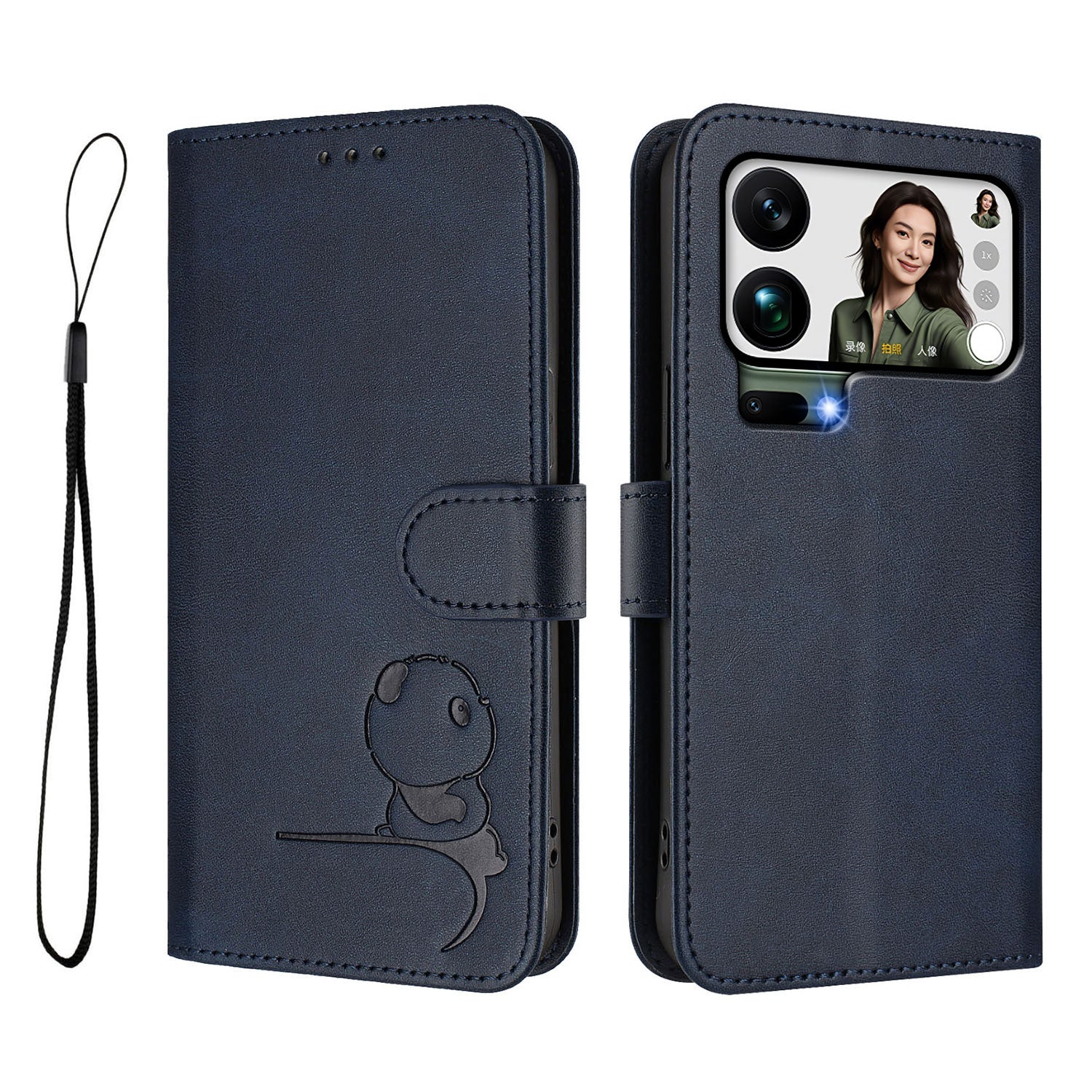 For Xiaomi 17 Pro Max Case Panda Imprint RFID Blocking Wallet Leather Phone Cover with Wrist Strap - Blue