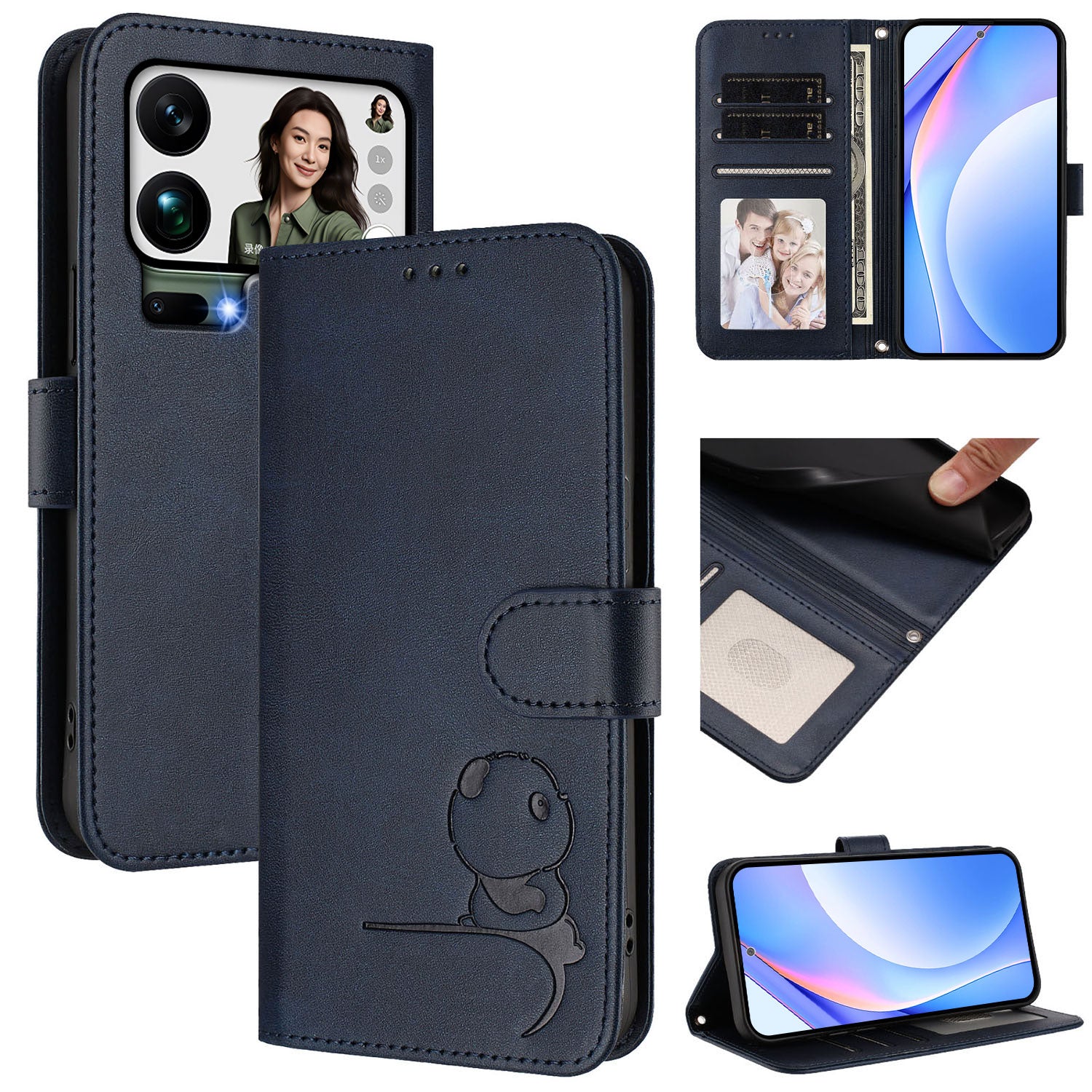 For Xiaomi 17 Pro Max Case Panda Imprint RFID Blocking Wallet Leather Phone Cover with Wrist Strap - Blue