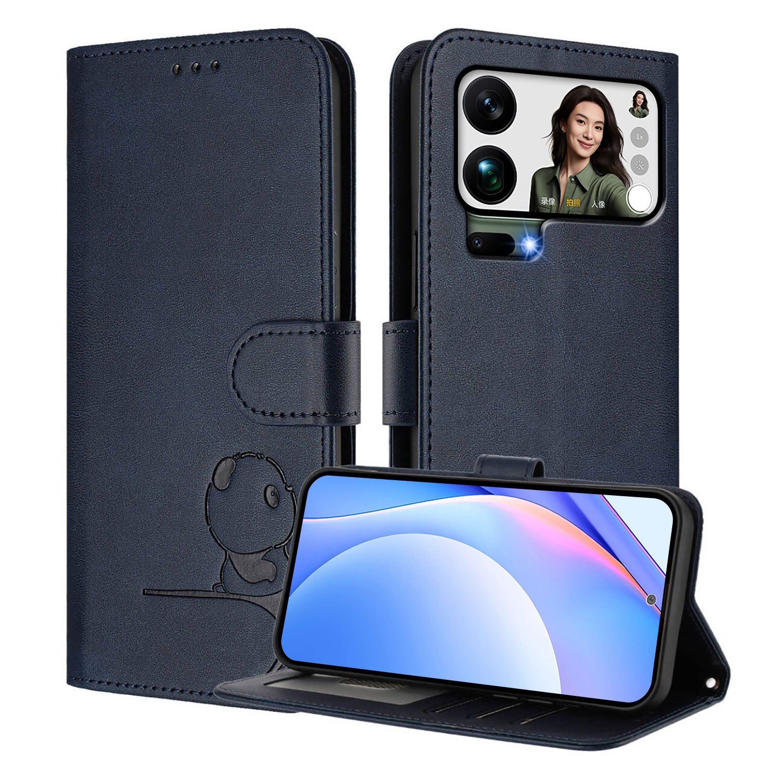 For Xiaomi 17 Pro Max Case Panda Imprint RFID Blocking Wallet Leather Phone Cover with Wrist Strap - Blue