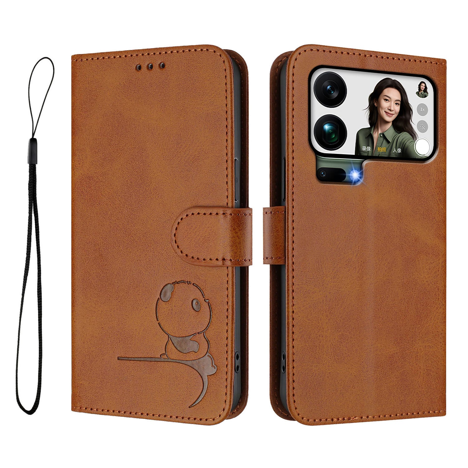 For Xiaomi 17 Pro Max Case Panda Imprint RFID Blocking Wallet Leather Phone Cover with Wrist Strap - Brown
