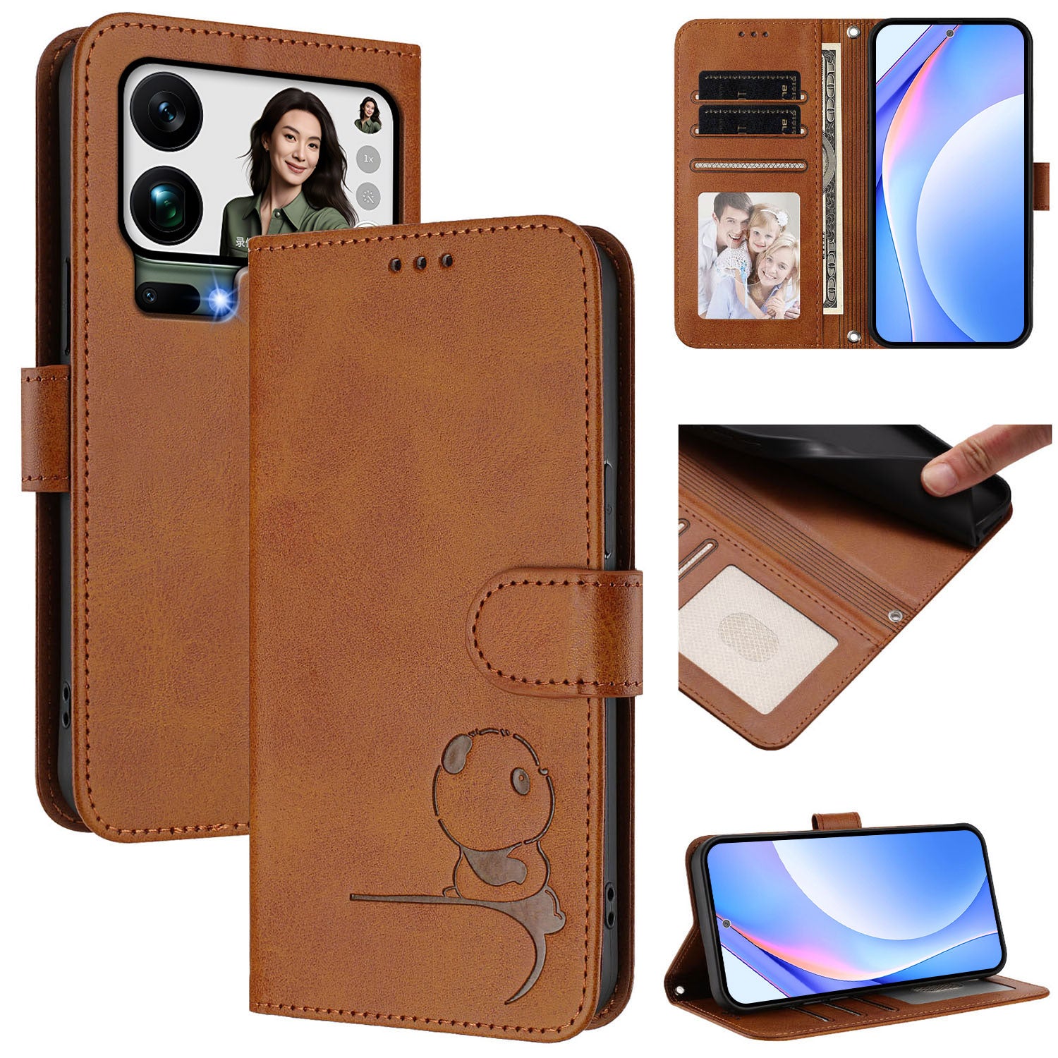 For Xiaomi 17 Pro Max Case Panda Imprint RFID Blocking Wallet Leather Phone Cover with Wrist Strap - Brown