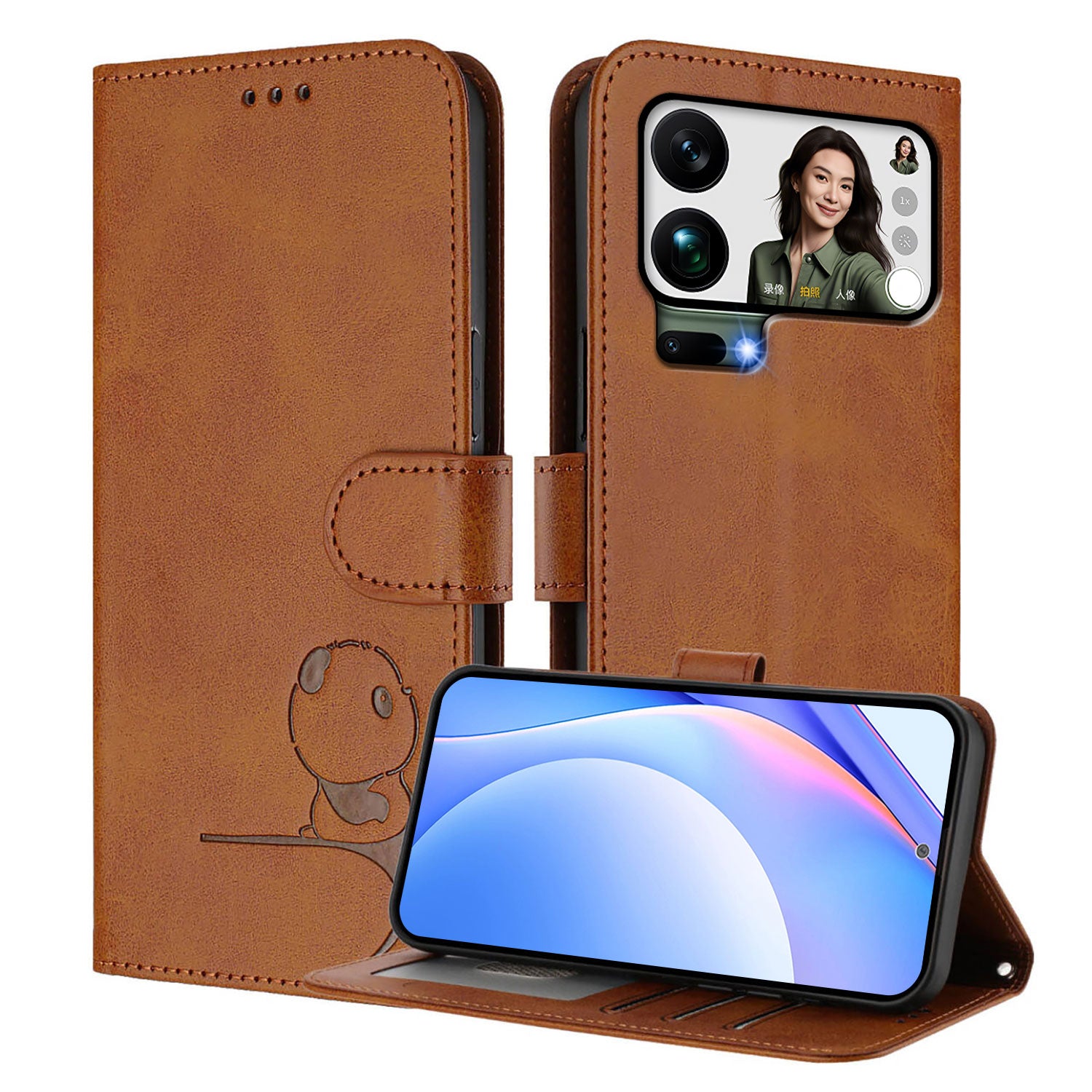 For Xiaomi 17 Pro Max Case Panda Imprint RFID Blocking Wallet Leather Phone Cover with Wrist Strap - Brown