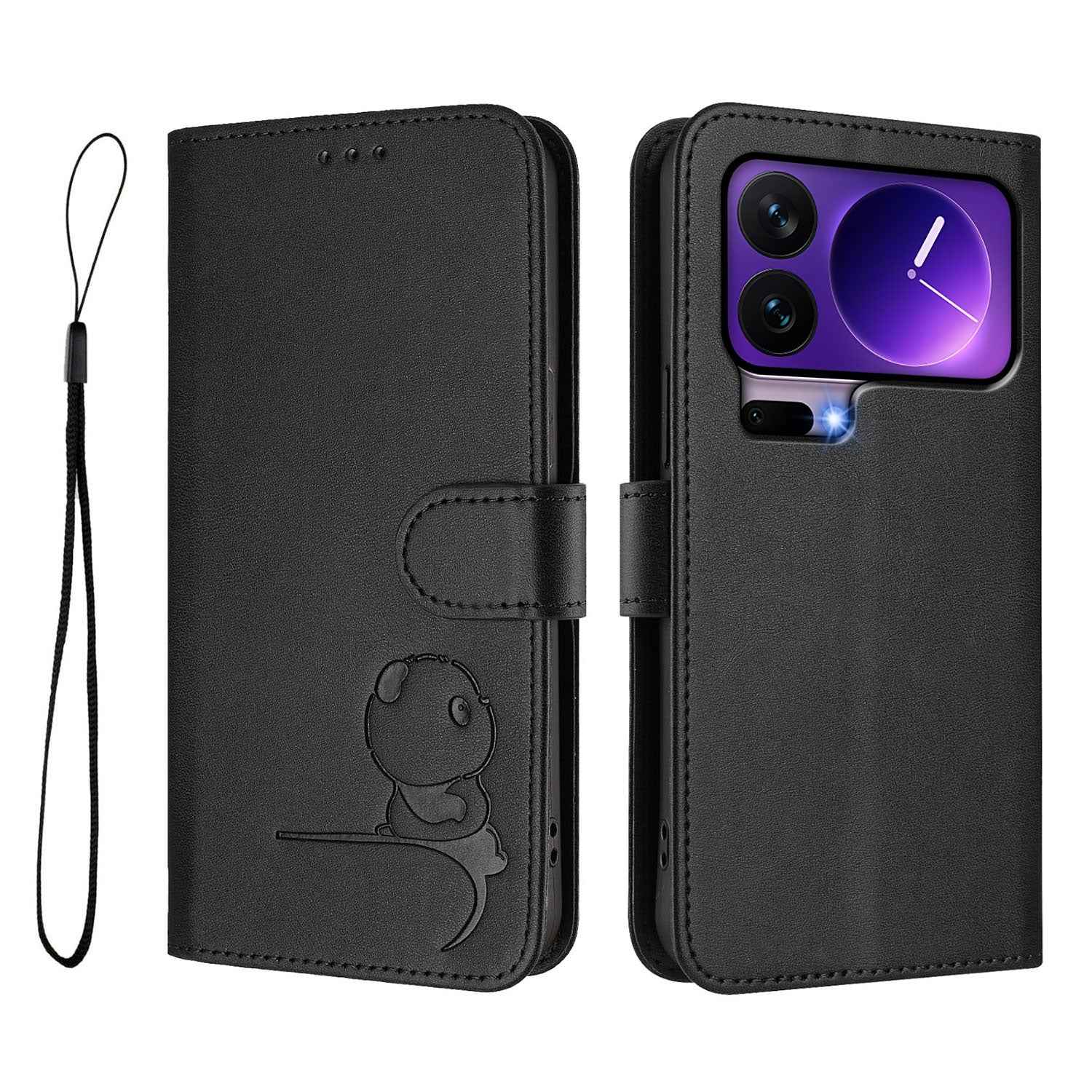 For Xiaomi 17 Pro Case Panda Imprint RFID Blocking Wallet Leather Phone Cover with Wrist Strap - Black