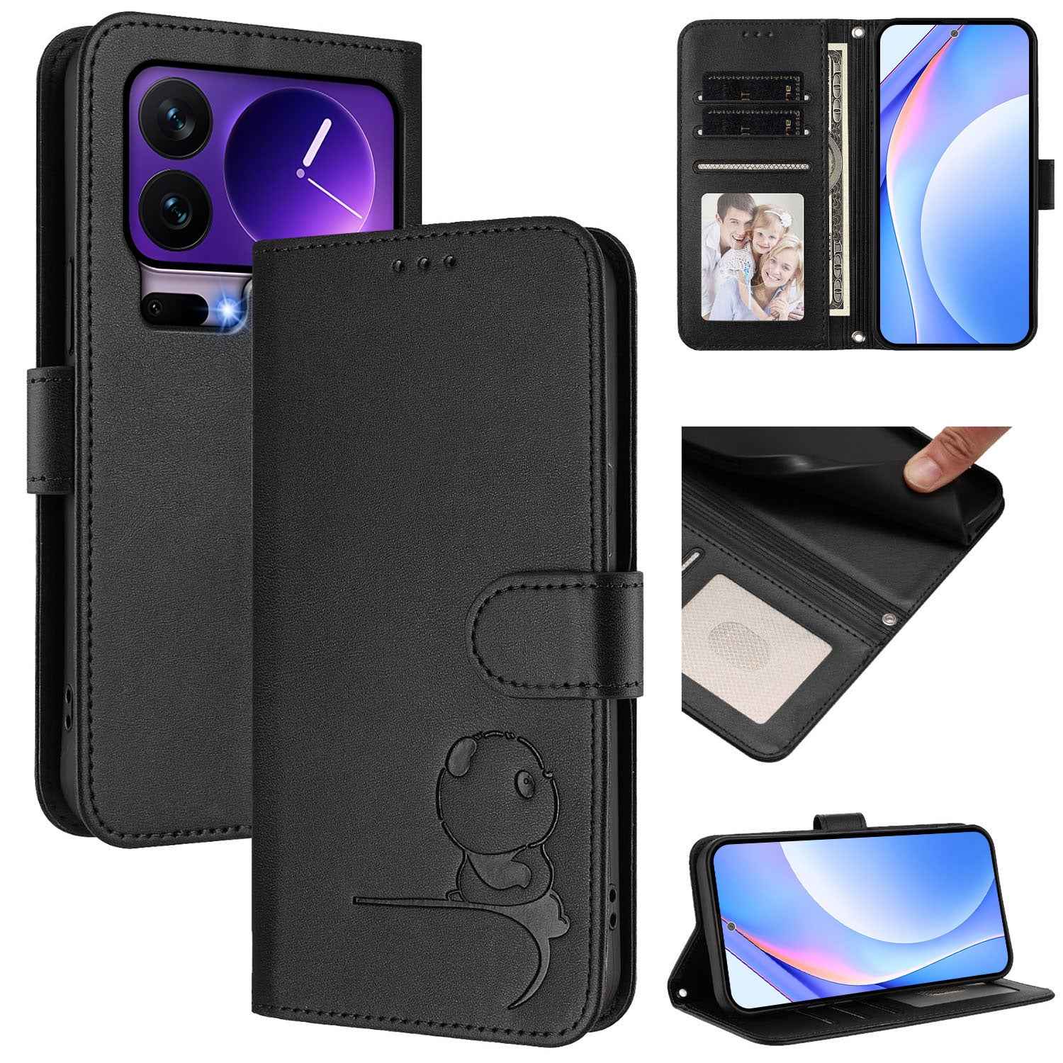 For Xiaomi 17 Pro Case Panda Imprint RFID Blocking Wallet Leather Phone Cover with Wrist Strap - Black