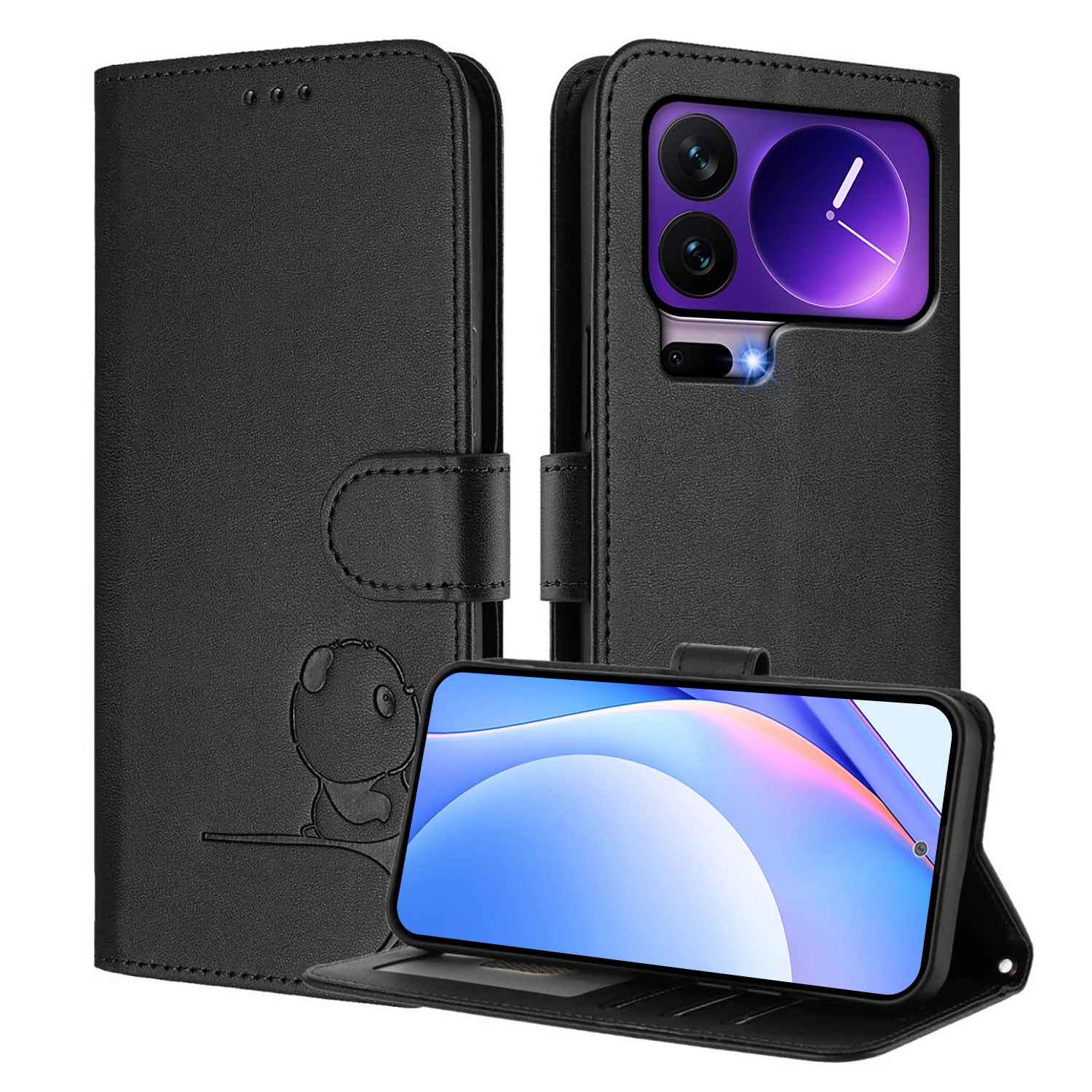 For Xiaomi 17 Pro Case Panda Imprint RFID Blocking Wallet Leather Phone Cover with Wrist Strap - Black