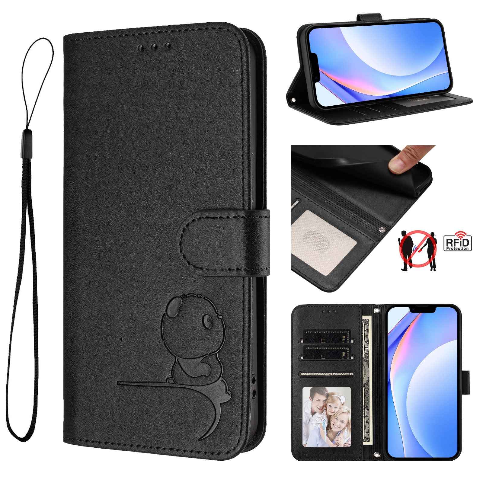 For Xiaomi 17 Pro Case Panda Imprint RFID Blocking Wallet Leather Phone Cover with Wrist Strap - Black