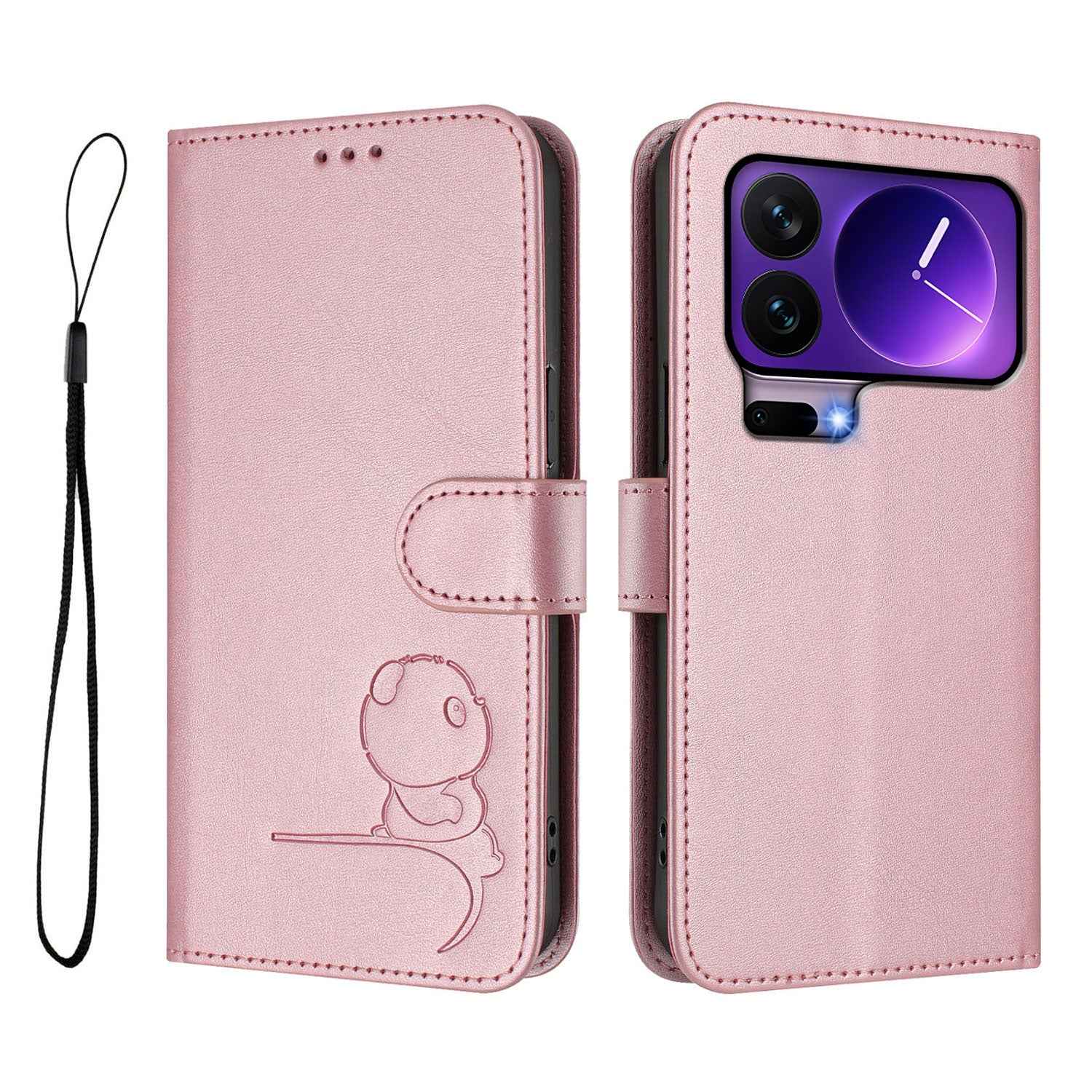 For Xiaomi 17 Pro Case Panda Imprint RFID Blocking Wallet Leather Phone Cover with Wrist Strap - Pink