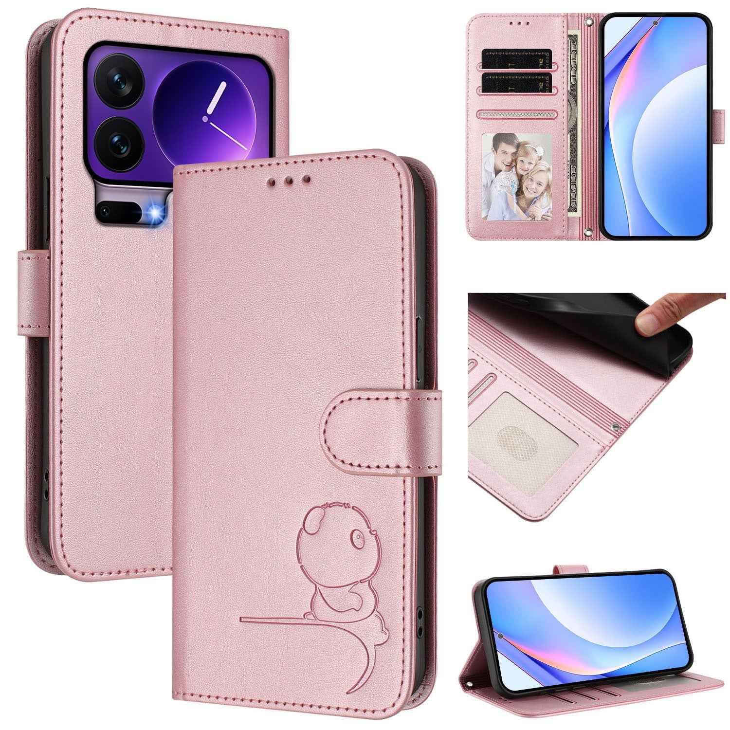 For Xiaomi 17 Pro Case Panda Imprint RFID Blocking Wallet Leather Phone Cover with Wrist Strap - Pink