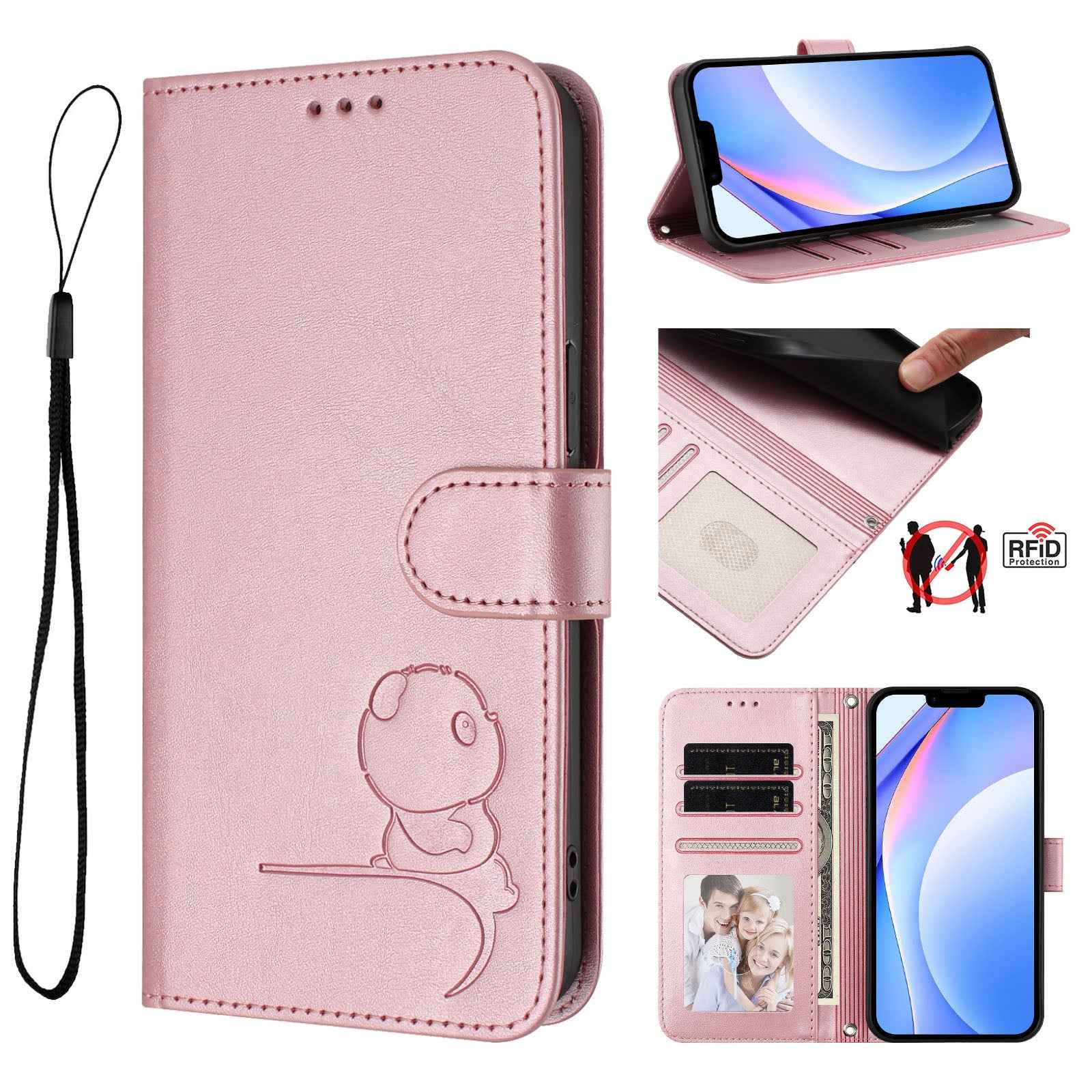 For Xiaomi 17 Pro Case Panda Imprint RFID Blocking Wallet Leather Phone Cover with Wrist Strap - Pink