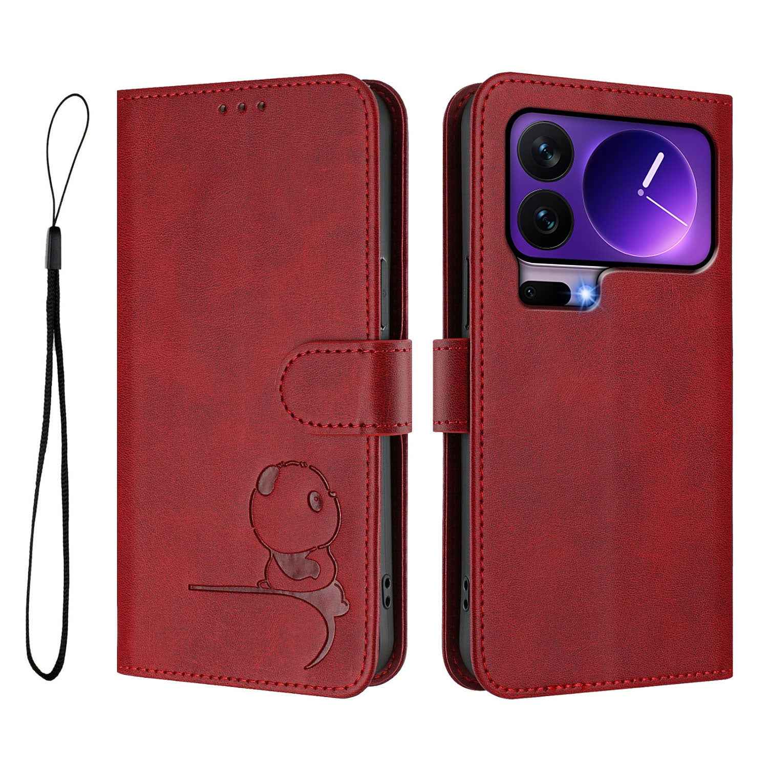 For Xiaomi 17 Pro Case Panda Imprint RFID Blocking Wallet Leather Phone Cover with Wrist Strap - Wine Red