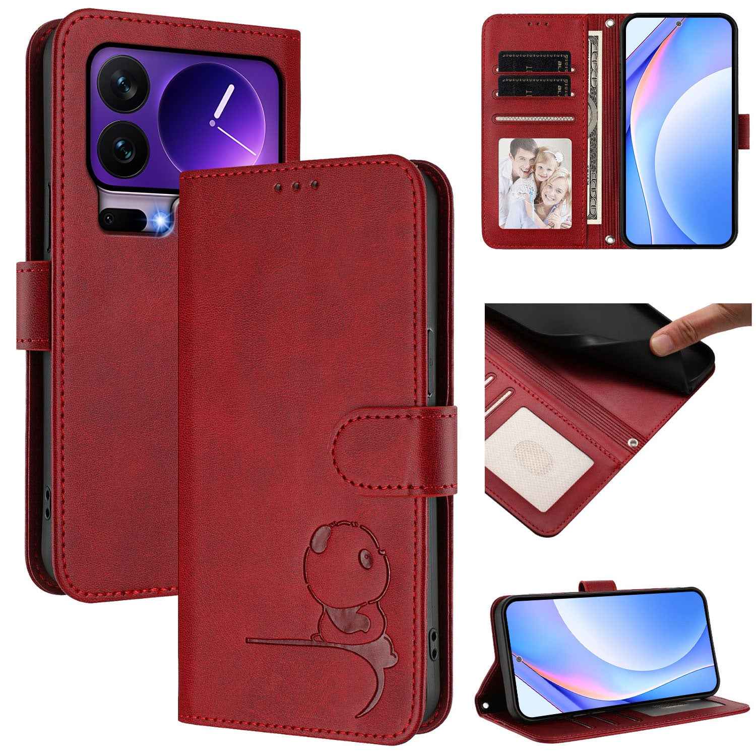 For Xiaomi 17 Pro Case Panda Imprint RFID Blocking Wallet Leather Phone Cover with Wrist Strap - Wine Red
