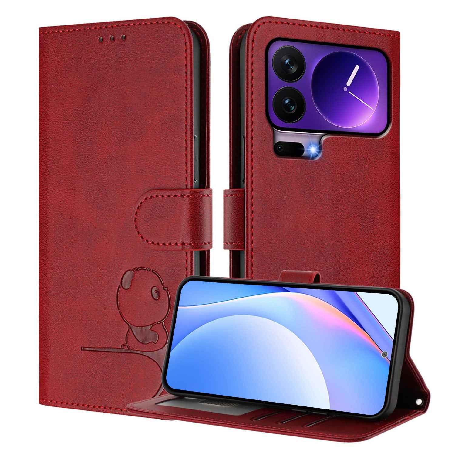 For Xiaomi 17 Pro Case Panda Imprint RFID Blocking Wallet Leather Phone Cover with Wrist Strap - Wine Red