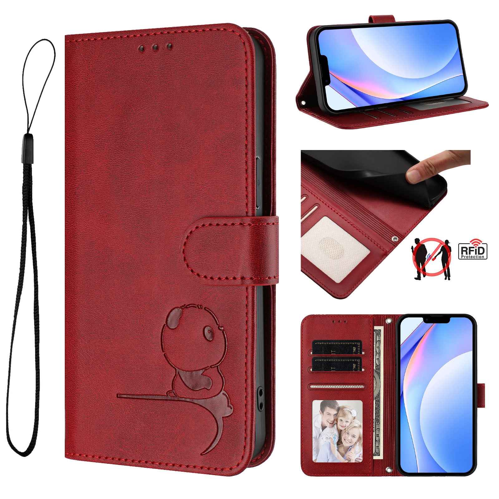For Xiaomi 17 Pro Case Panda Imprint RFID Blocking Wallet Leather Phone Cover with Wrist Strap - Wine Red