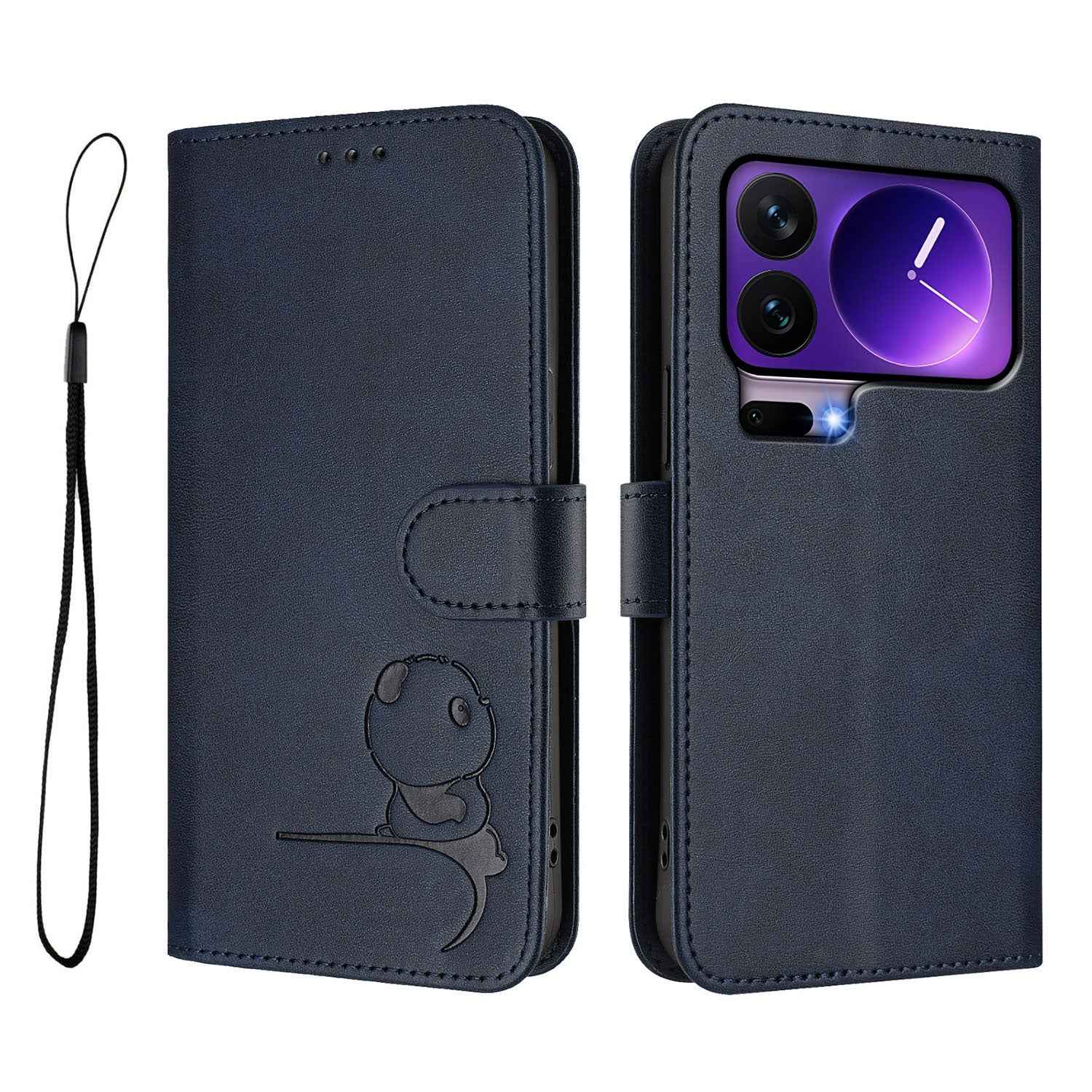For Xiaomi 17 Pro Case Panda Imprint RFID Blocking Wallet Leather Phone Cover with Wrist Strap - Blue