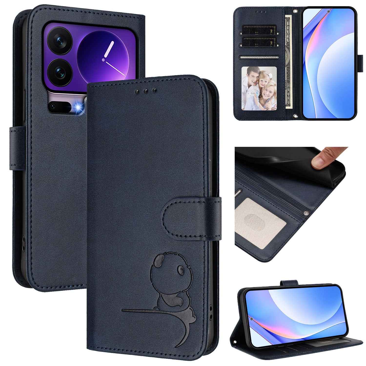 For Xiaomi 17 Pro Case Panda Imprint RFID Blocking Wallet Leather Phone Cover with Wrist Strap - Blue