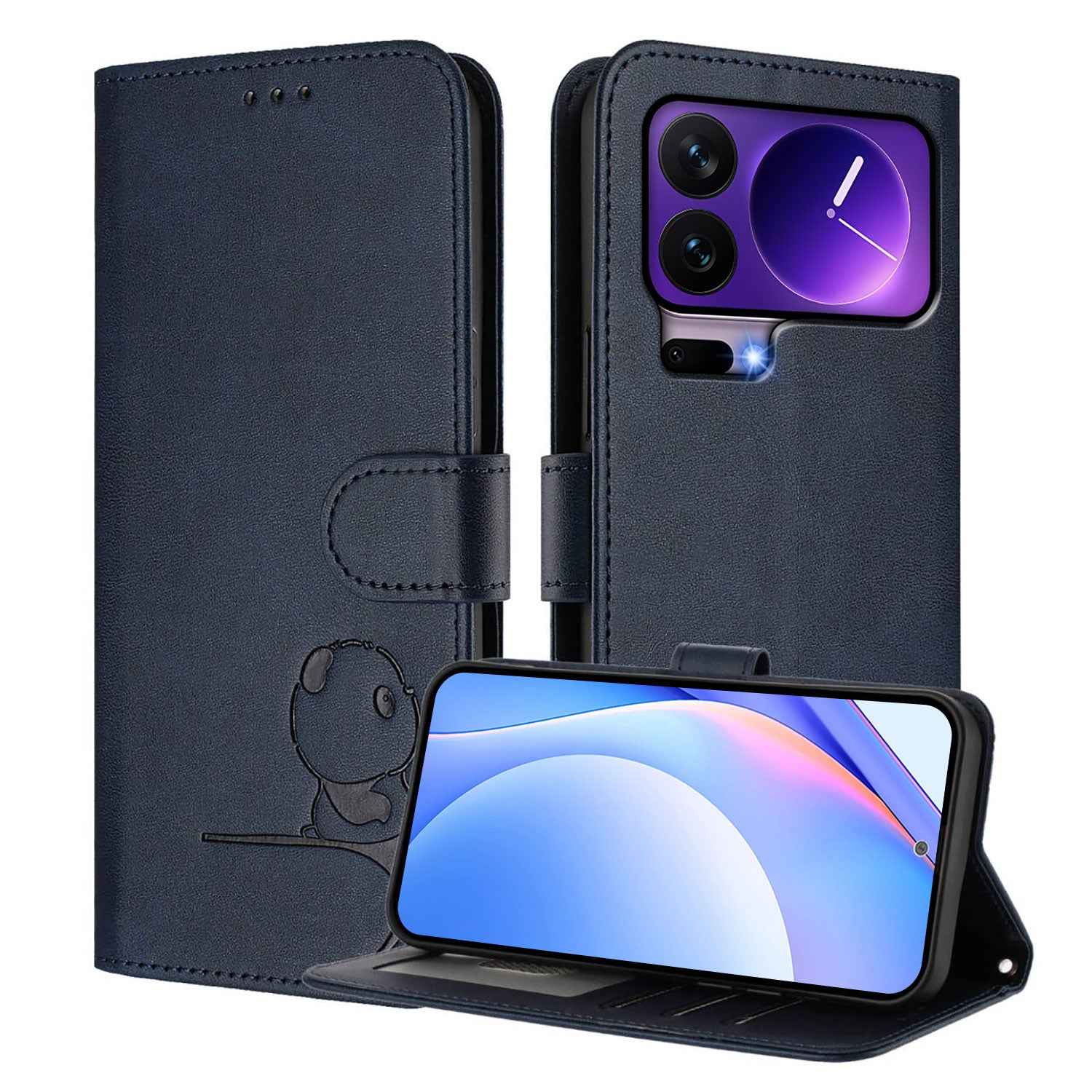 For Xiaomi 17 Pro Case Panda Imprint RFID Blocking Wallet Leather Phone Cover with Wrist Strap - Blue