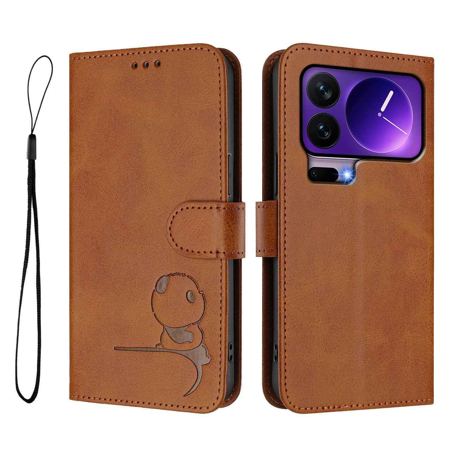 For Xiaomi 17 Pro Case Panda Imprint RFID Blocking Wallet Leather Phone Cover with Wrist Strap - Brown