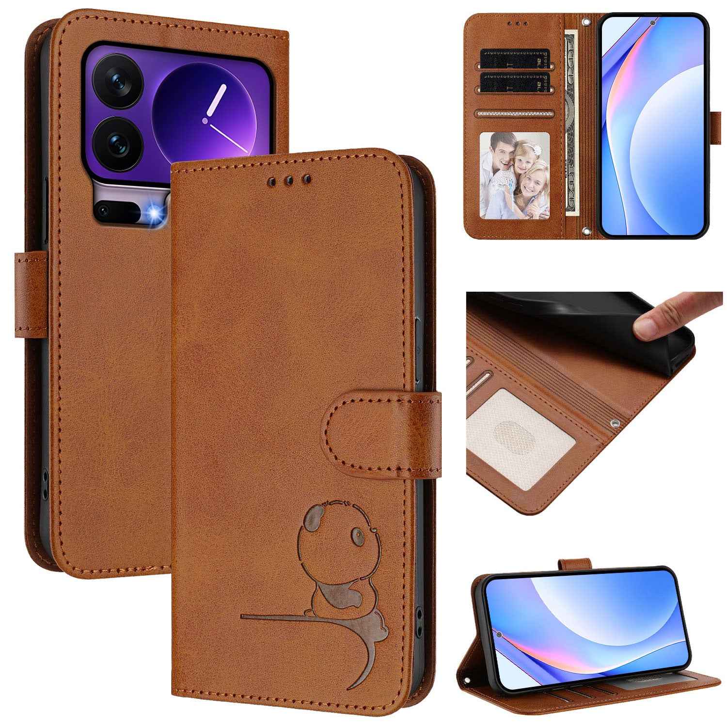 For Xiaomi 17 Pro Case Panda Imprint RFID Blocking Wallet Leather Phone Cover with Wrist Strap - Brown