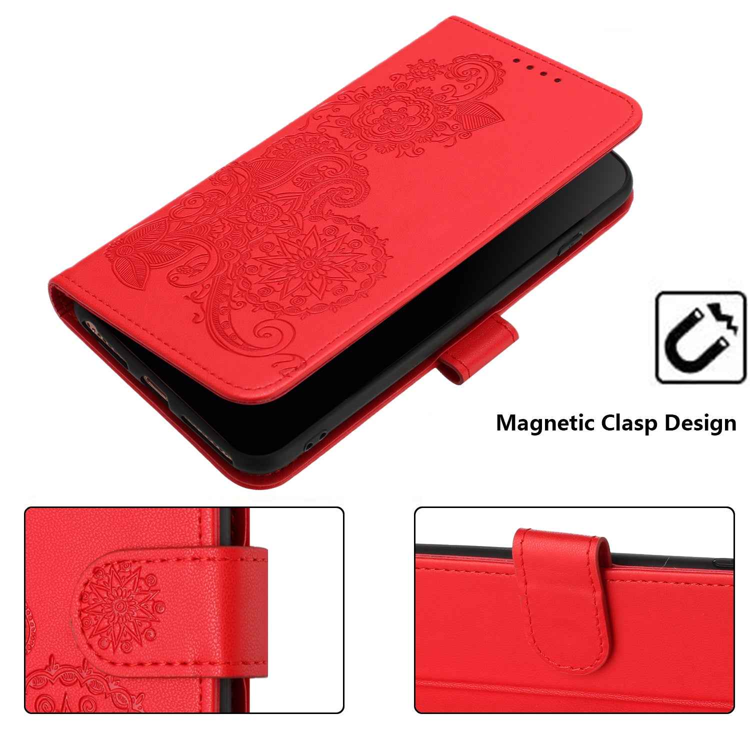 For Xiaomi 17 Pro Phone Cases Mandala Flower Leather Wallet Mobile Cover with Strap - Red