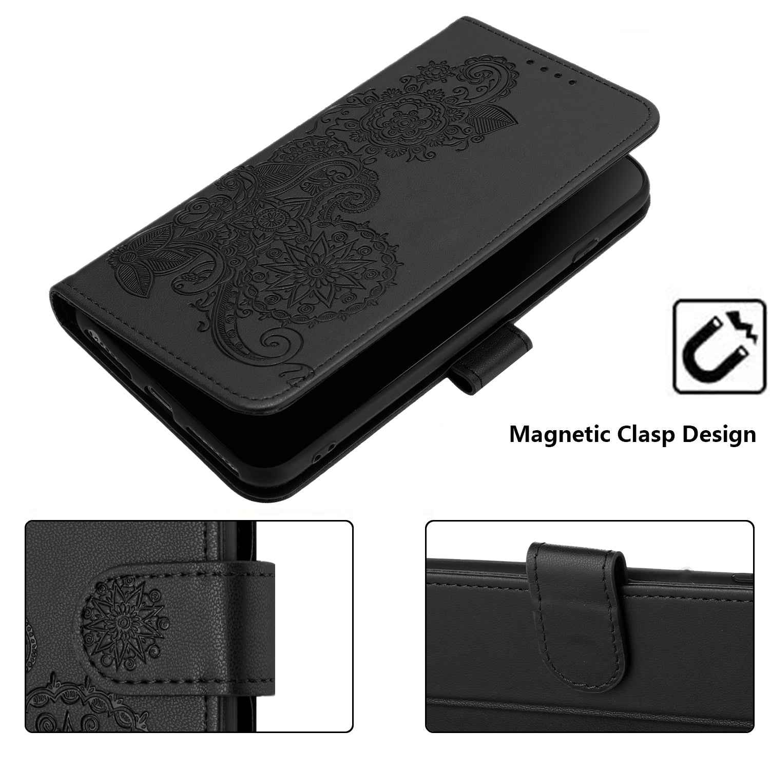 For Xiaomi 17 Pro Phone Cases Mandala Flower Leather Wallet Mobile Cover with Strap - Black