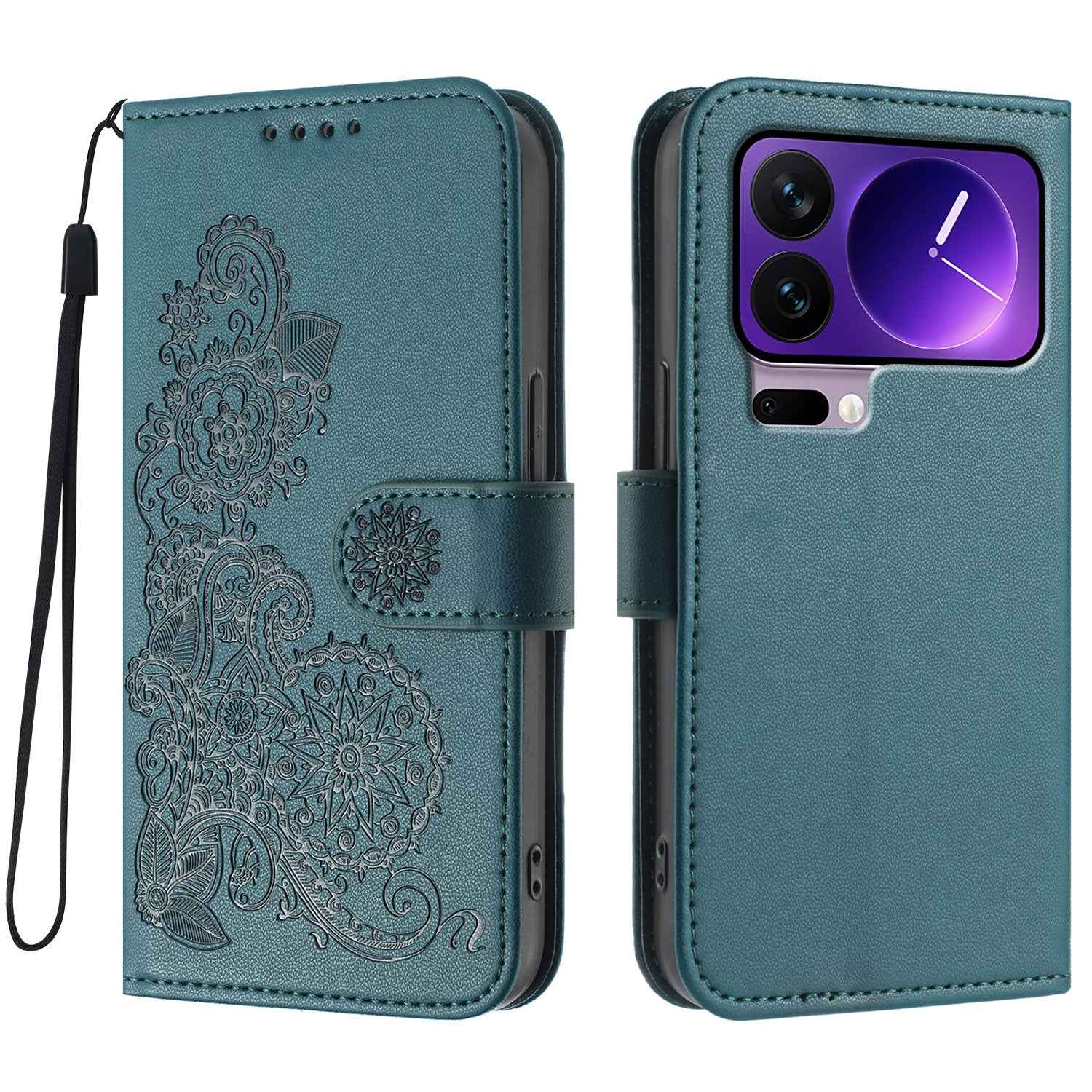 For Xiaomi 17 Pro Phone Cases Mandala Flower Leather Wallet Mobile Cover with Strap - Blackish Green