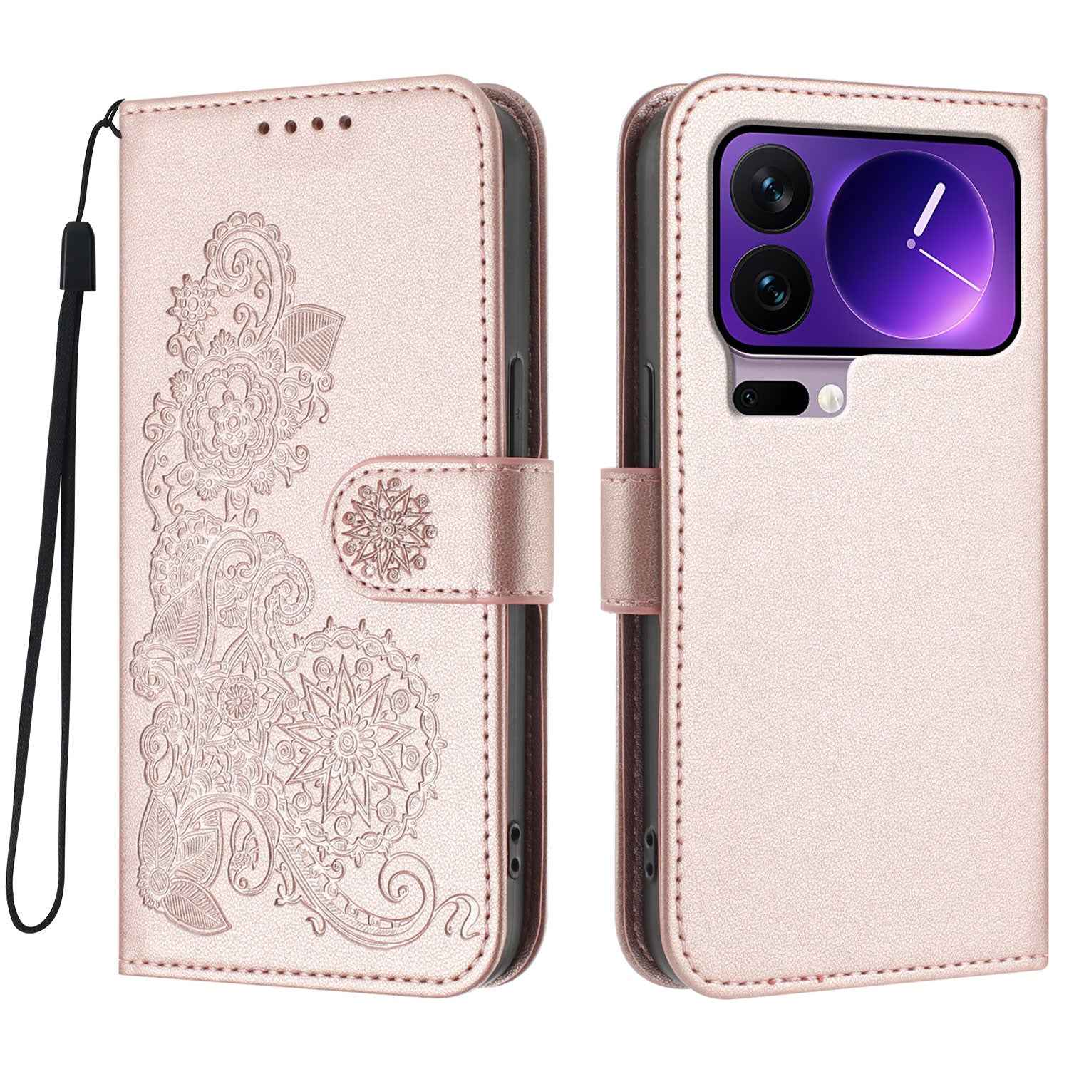 For Xiaomi 17 Pro Phone Cases Mandala Flower Leather Wallet Mobile Cover with Strap - Rose Gold
