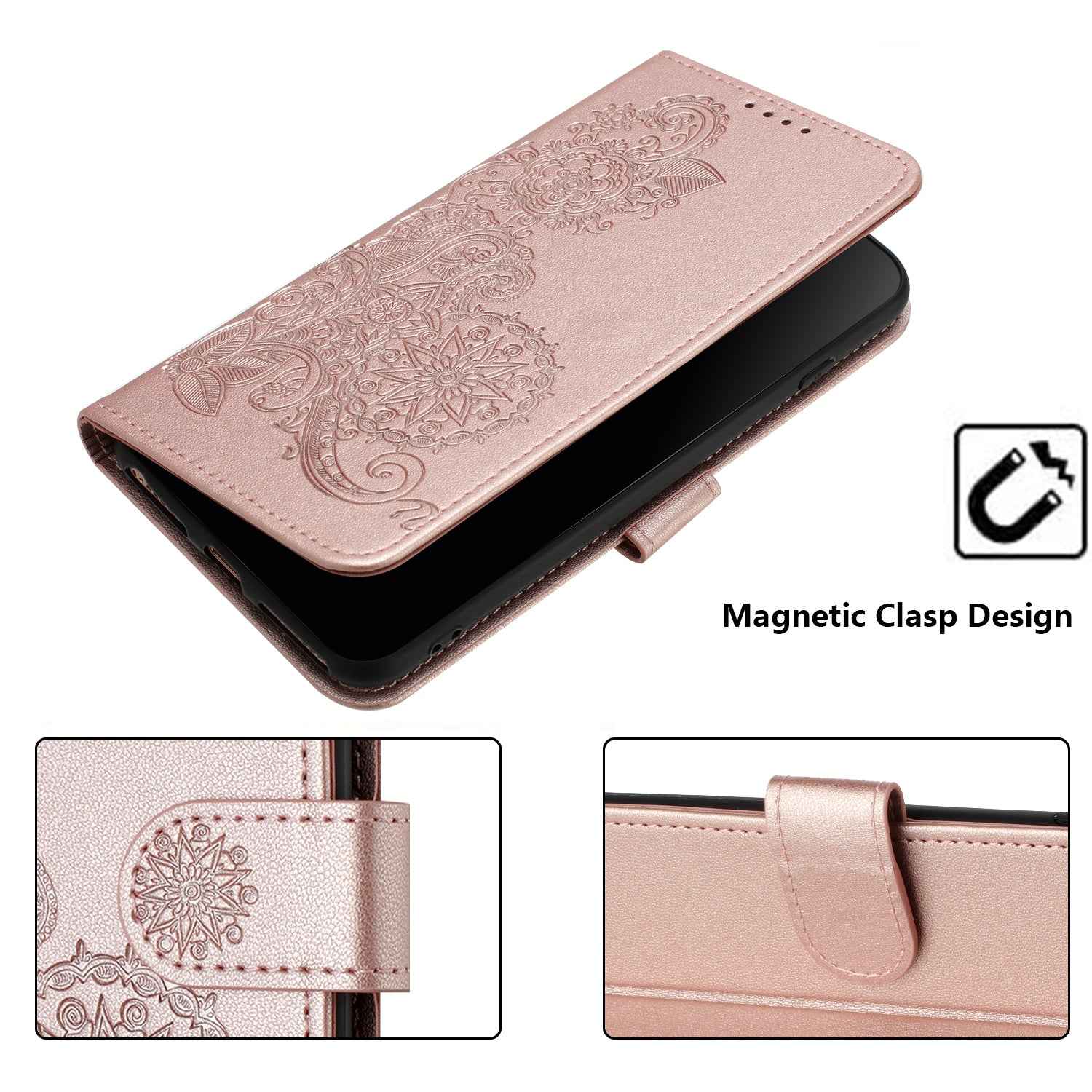 For Xiaomi 17 Pro Phone Cases Mandala Flower Leather Wallet Mobile Cover with Strap - Rose Gold