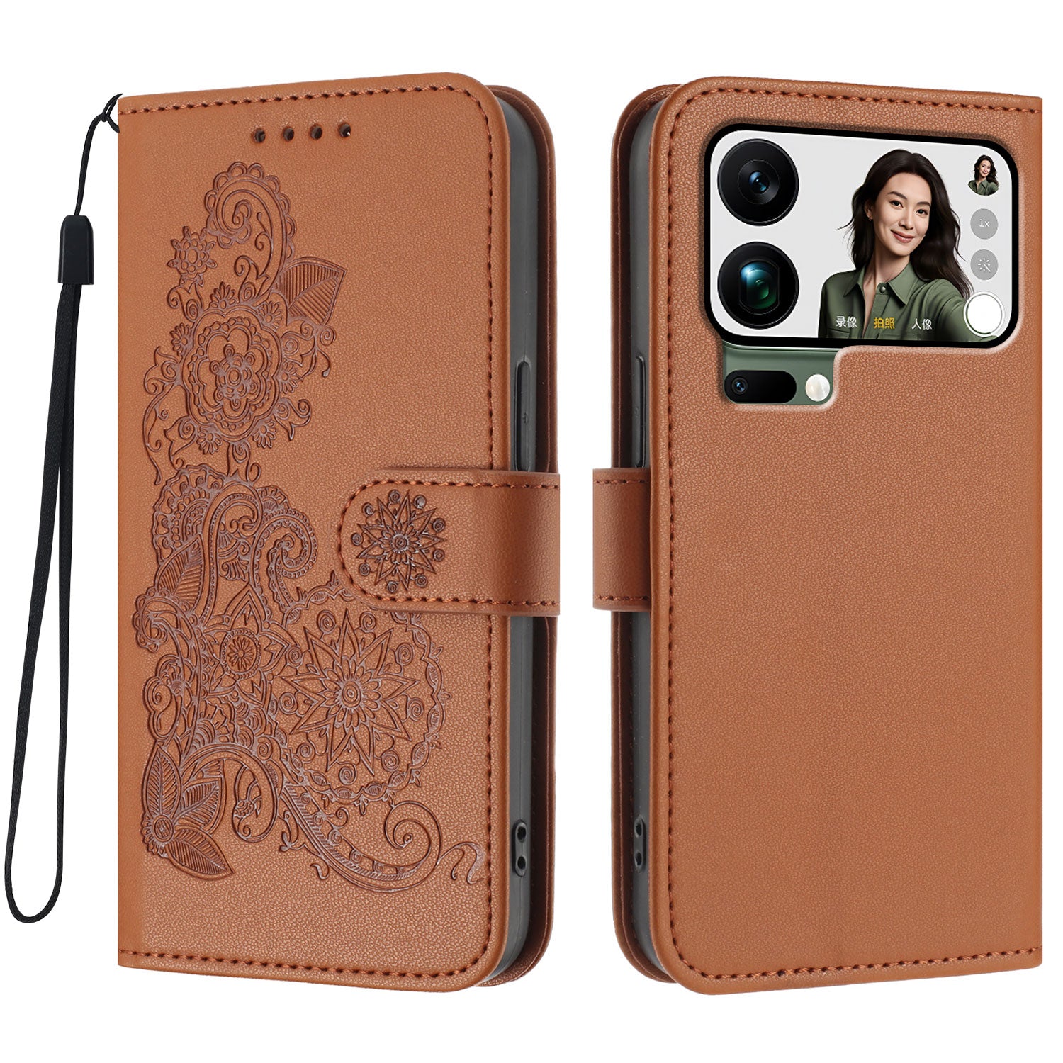 For Xiaomi 17 Pro Max Phone Cases Mandala Flower Leather Wallet Mobile Cover with Strap - Coffee