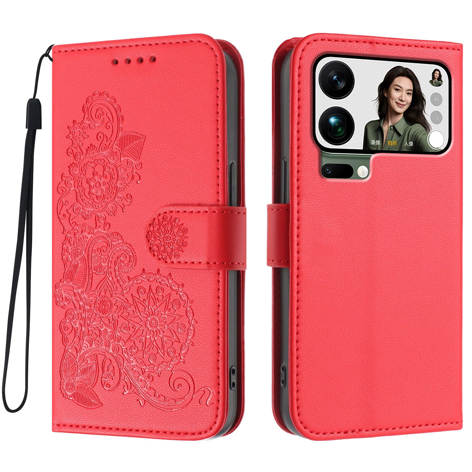 For Xiaomi 17 Pro Max Phone Cases Mandala Flower Leather Wallet Mobile Cover with Strap - Red