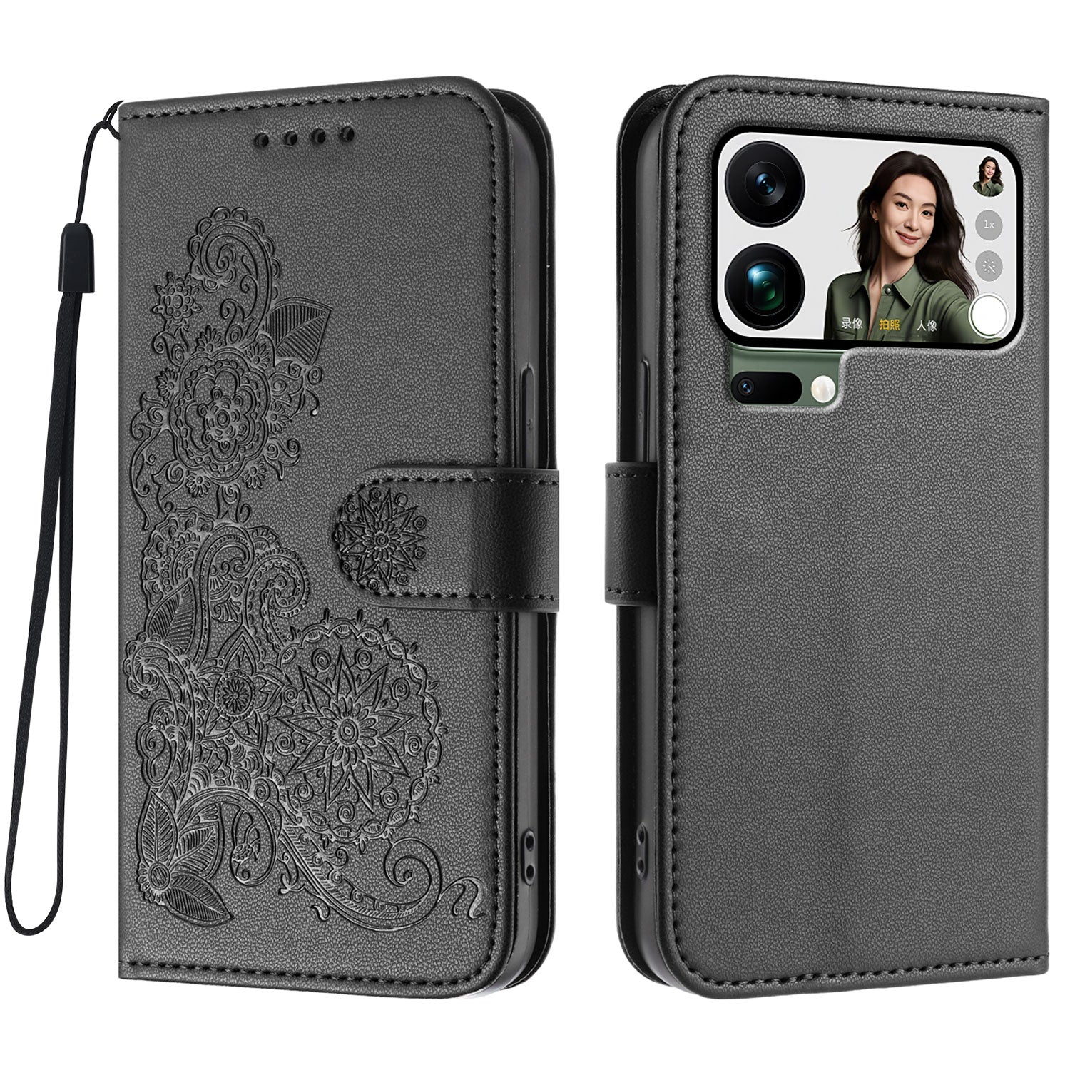For Xiaomi 17 Pro Max Phone Cases Mandala Flower Leather Wallet Mobile Cover with Strap - Black