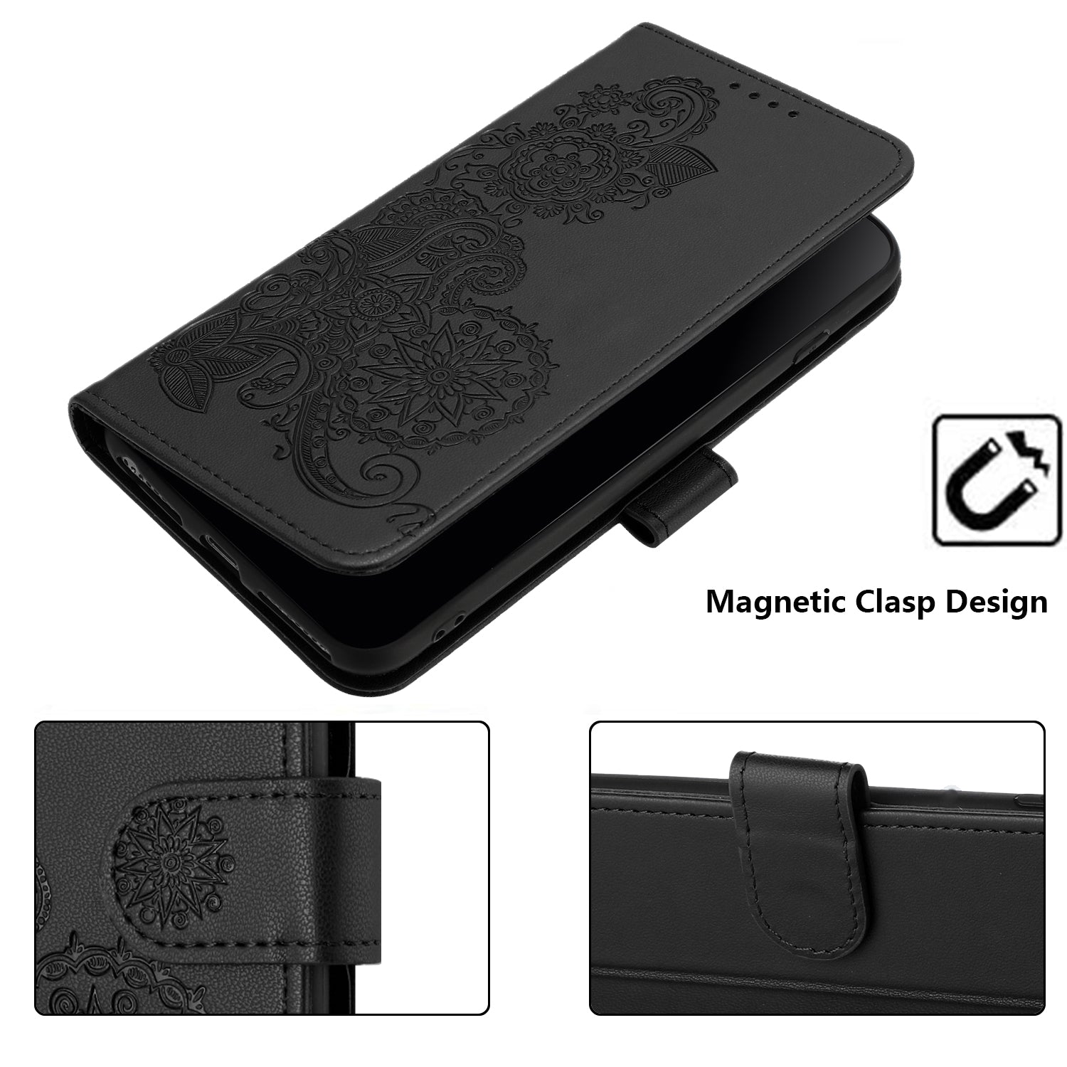 For Xiaomi 17 Pro Max Phone Cases Mandala Flower Leather Wallet Mobile Cover with Strap - Black