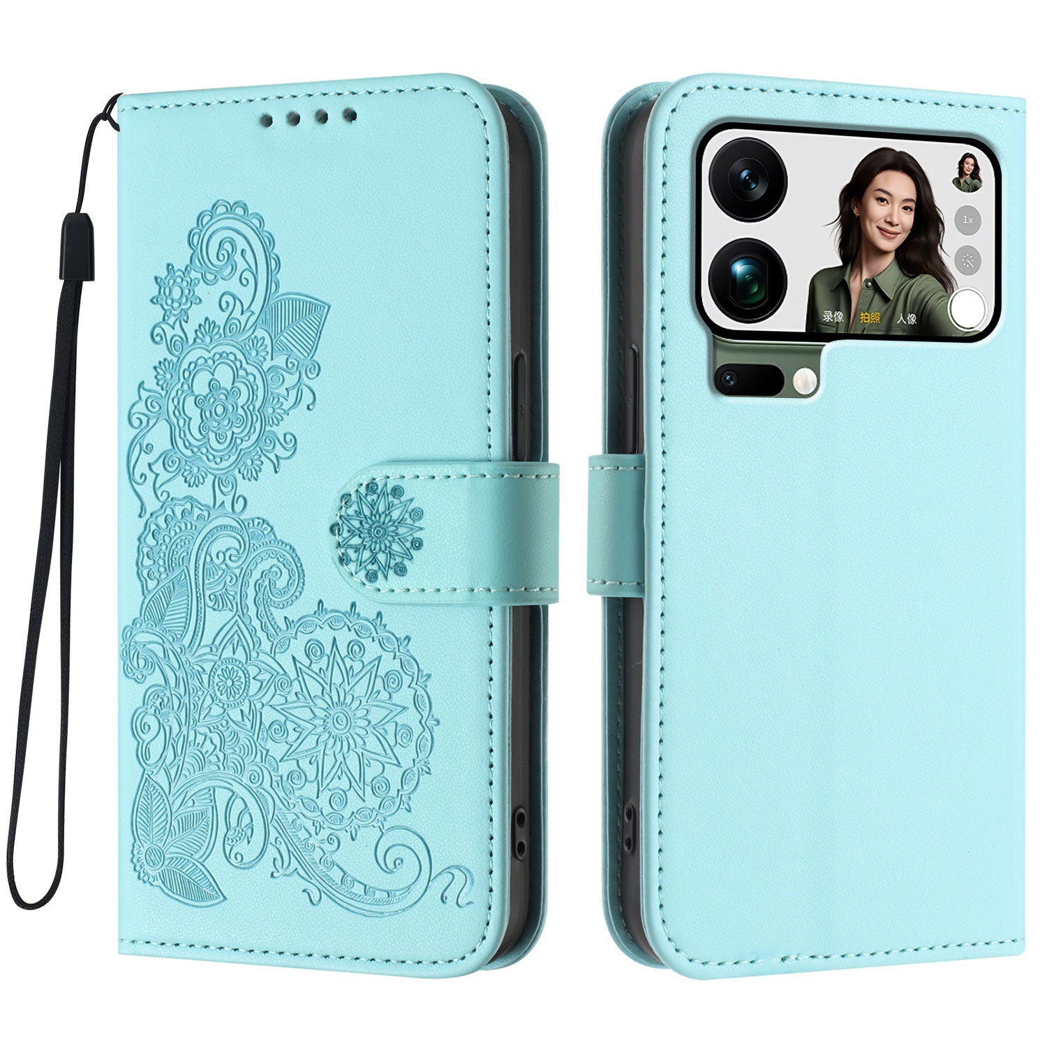 For Xiaomi 17 Pro Max Phone Cases Mandala Flower Leather Wallet Mobile Cover with Strap - Light Blue