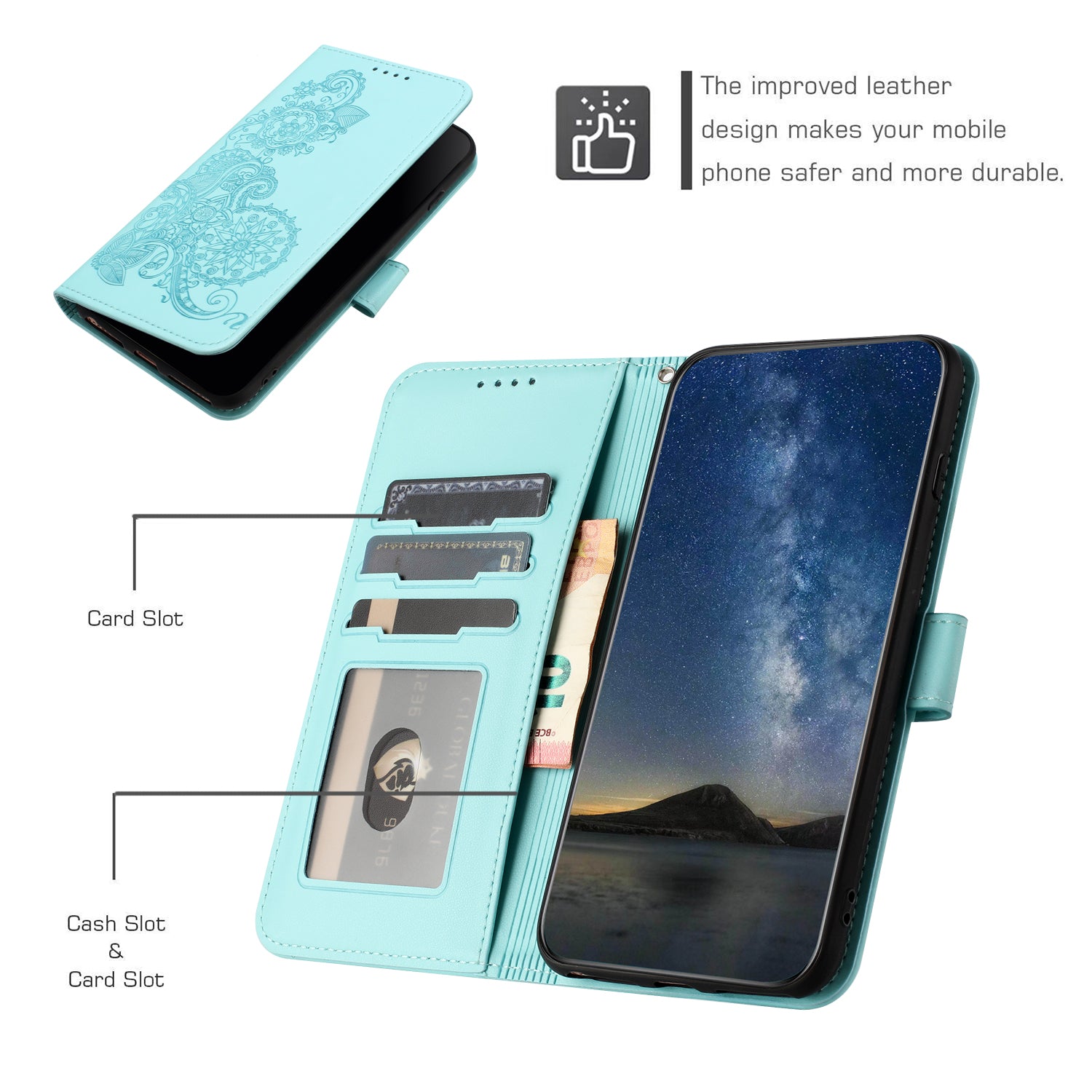 For Xiaomi 17 Pro Max Phone Cases Mandala Flower Leather Wallet Mobile Cover with Strap - Light Blue