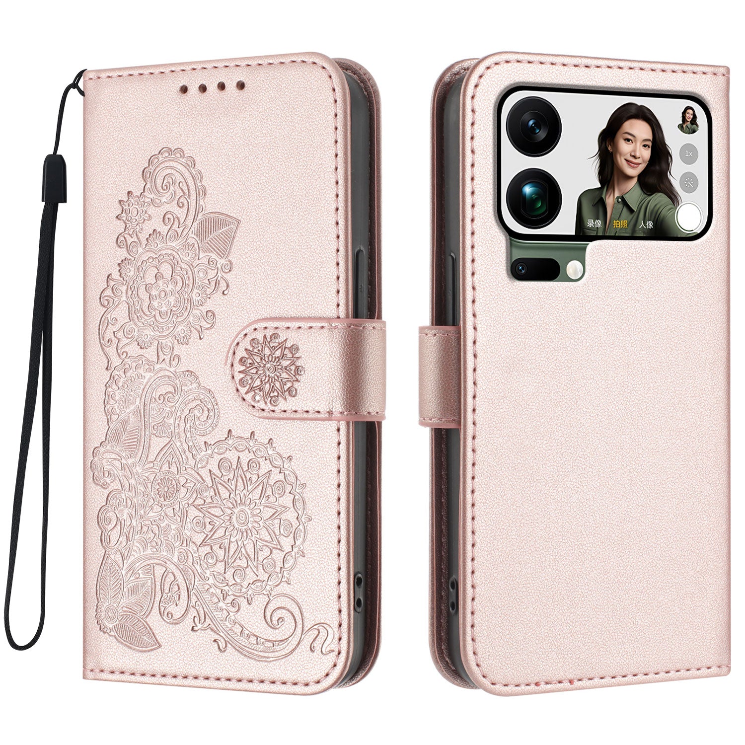 For Xiaomi 17 Pro Max Phone Cases Mandala Flower Leather Wallet Mobile Cover with Strap - Rose Gold